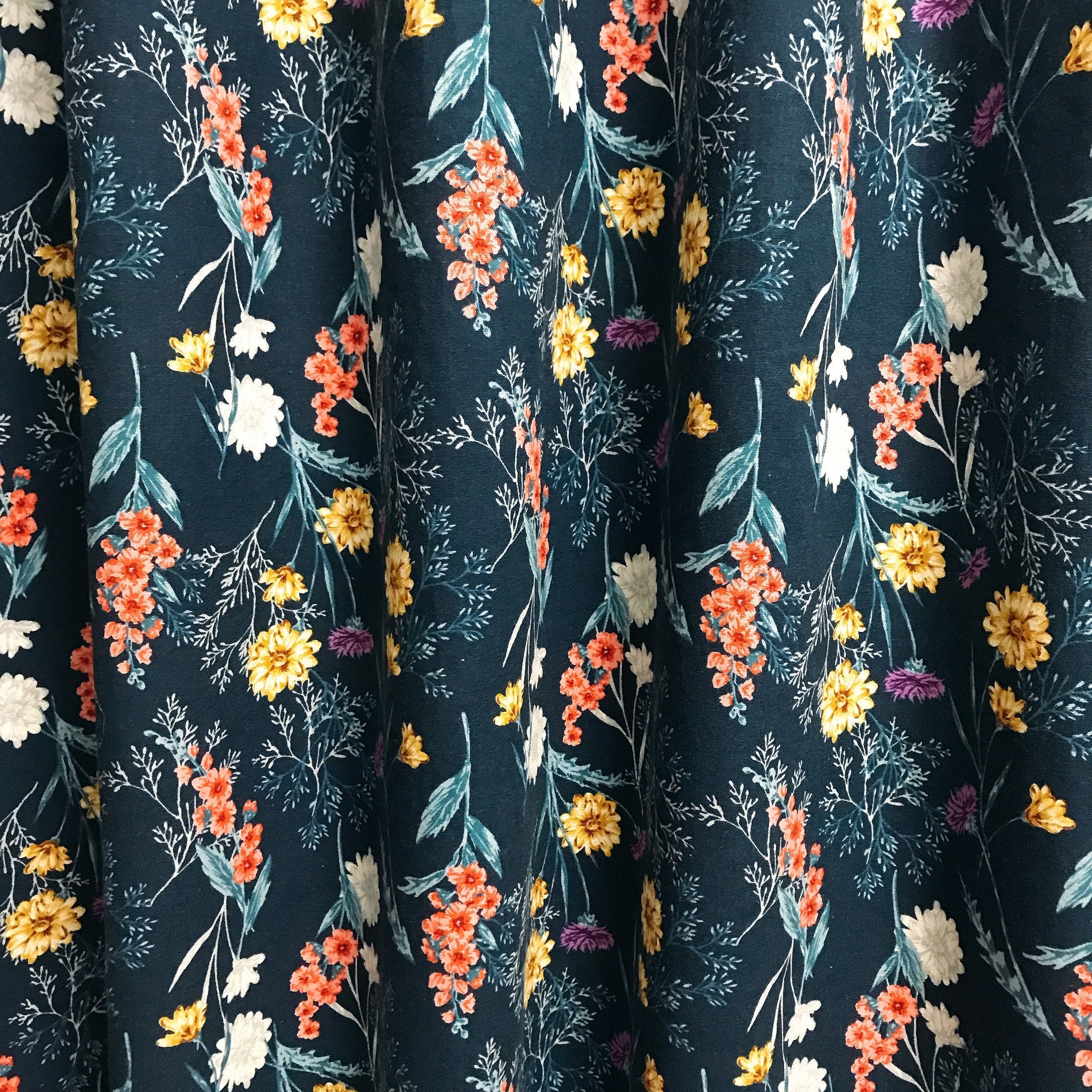 Wild Flowers Curtain on Navy Blue