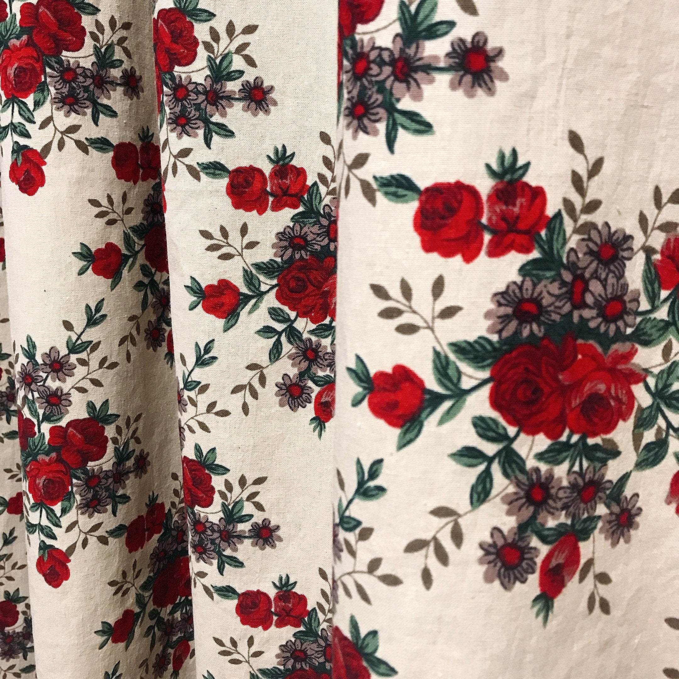 Dark Red Floral Curtain on Natural Beige