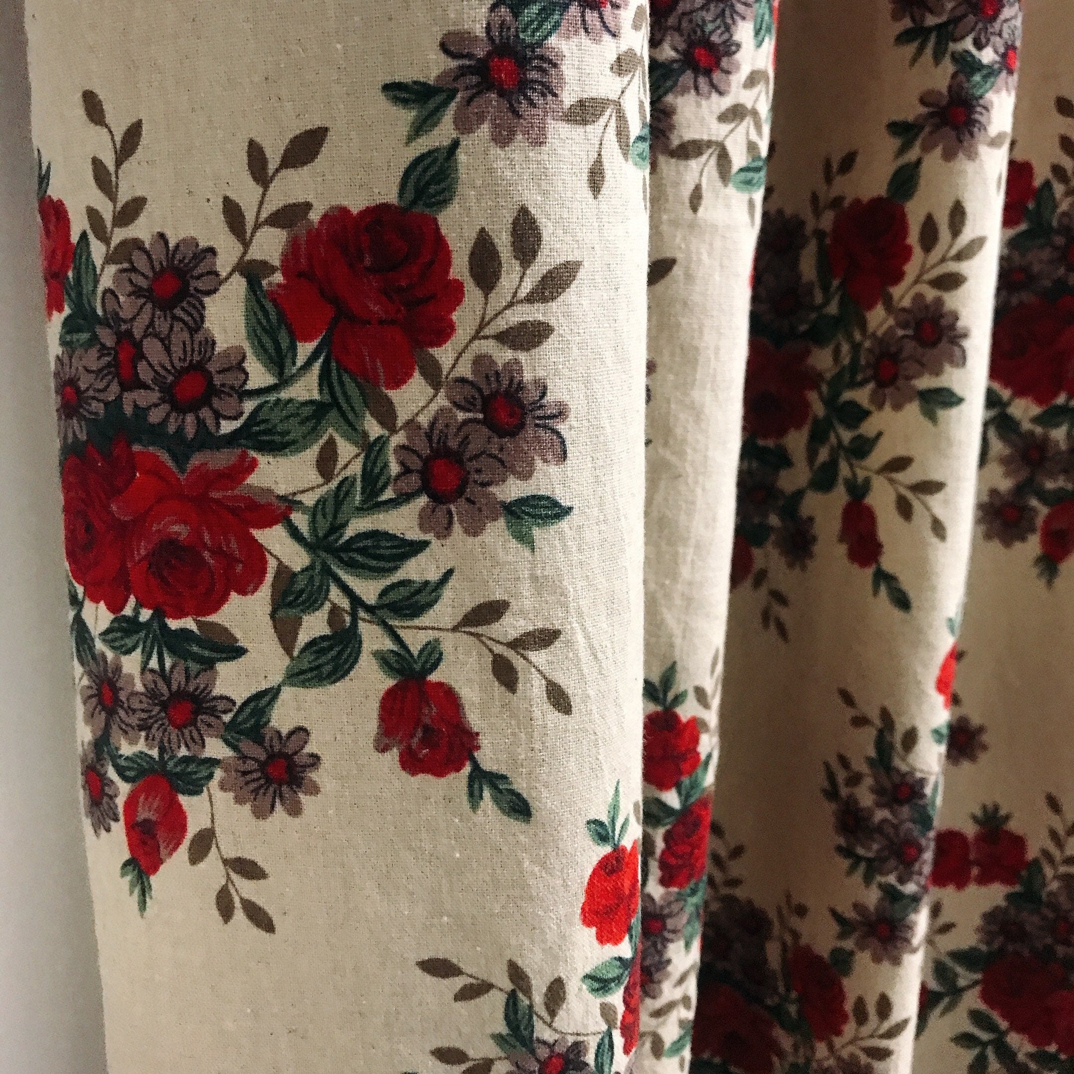 Dark Red Floral Curtain on Natural Beige