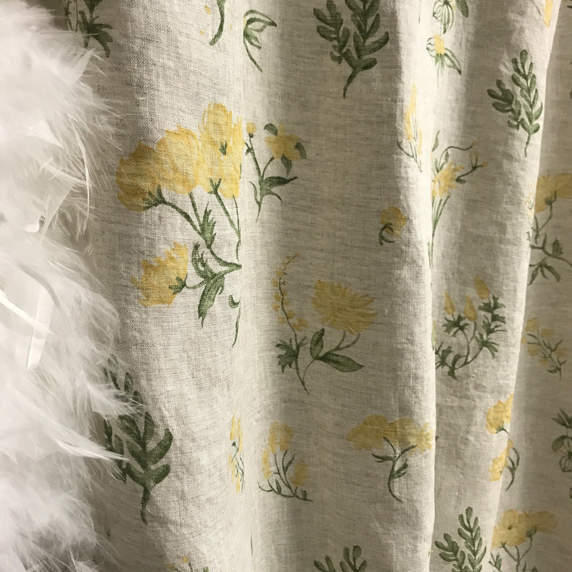 Pale Yellow Floral Curtain on Soft Light Melange