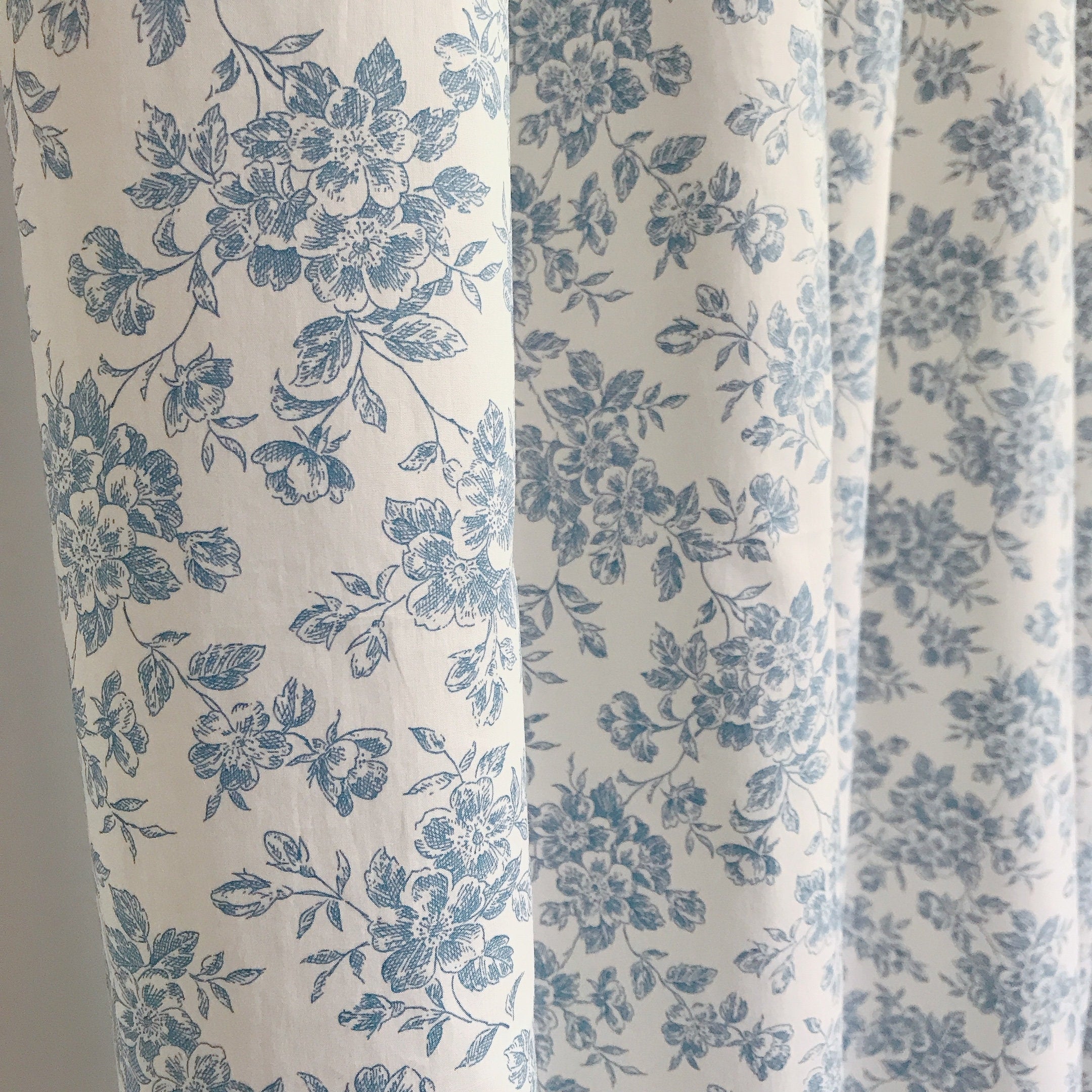 Blue Floral Curtain on Ivory