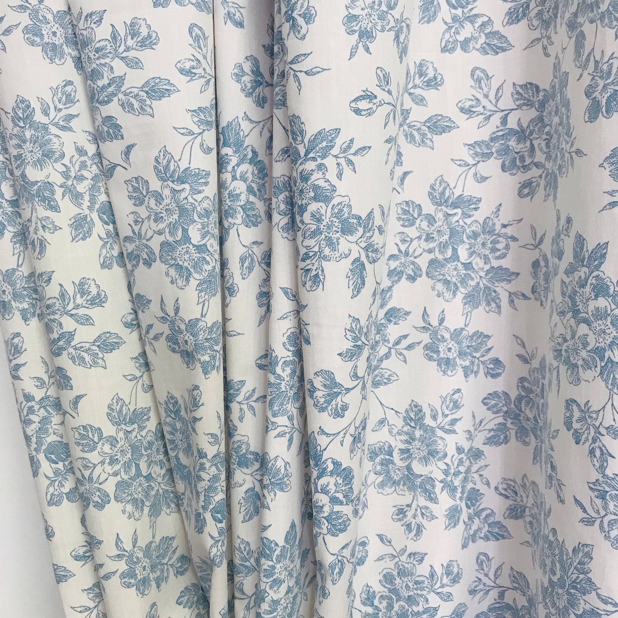 Blue Floral Curtain on Ivory