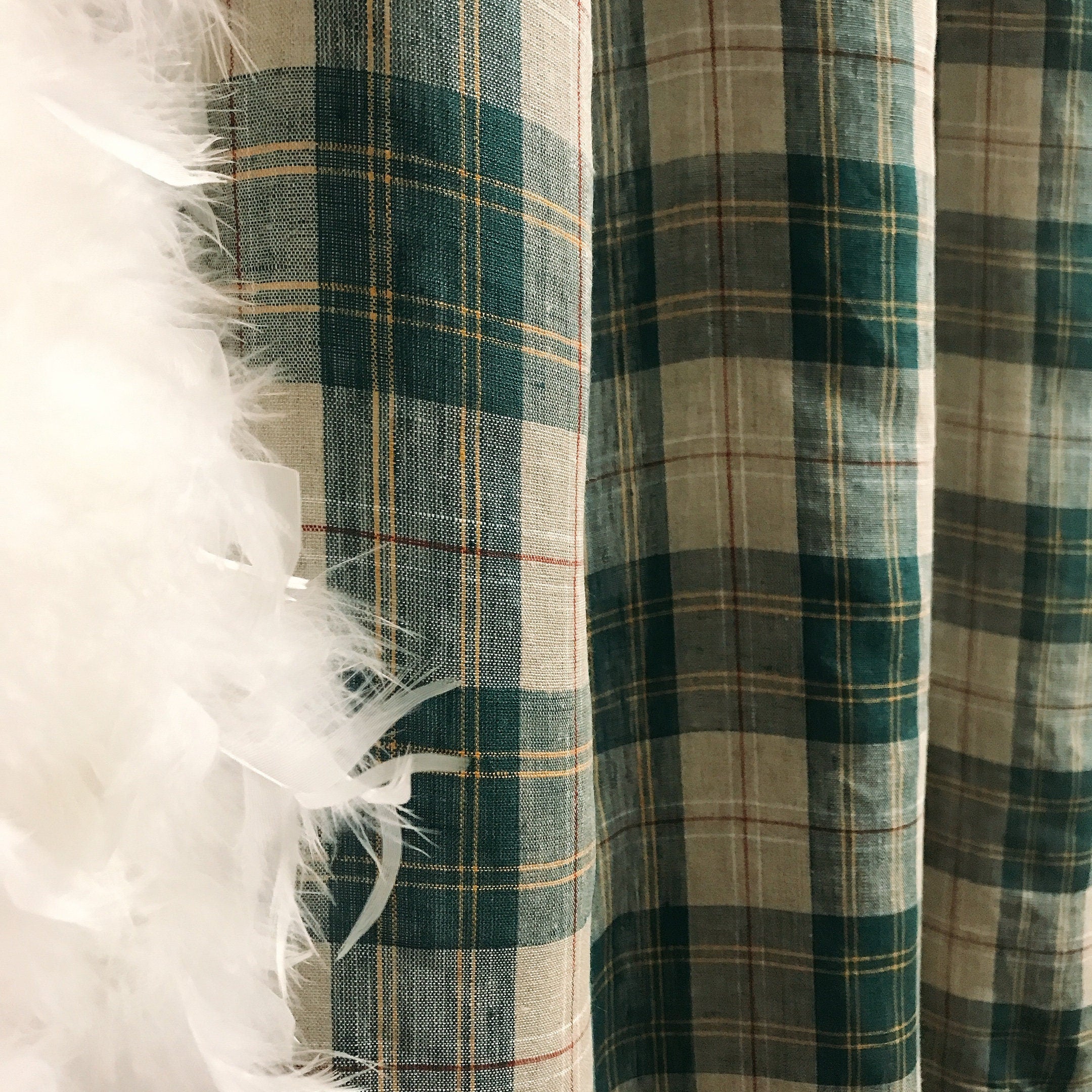 Teal Green Red Plaid Curtain on Natural Beige