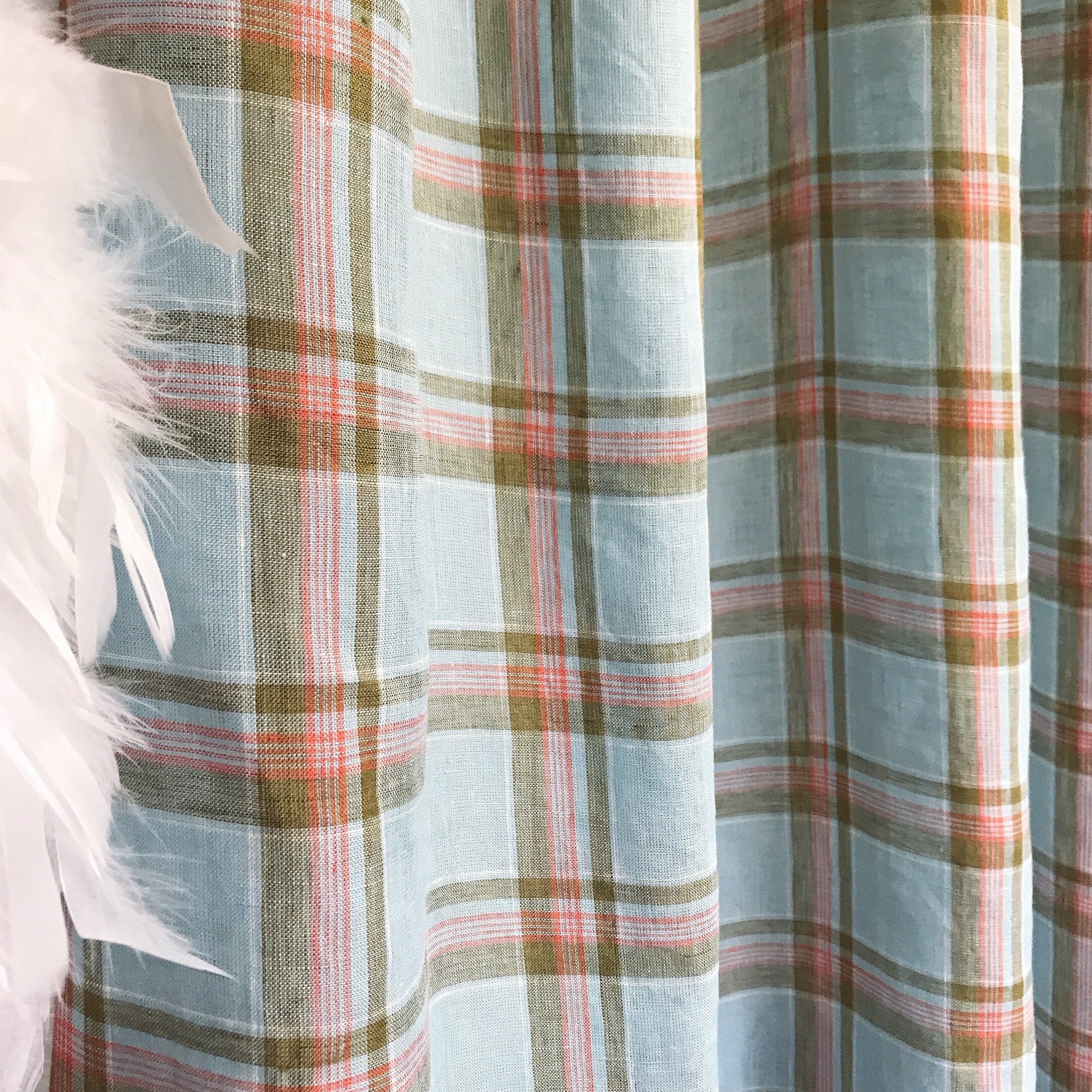 Khaki and Light Blue Linen Curtain