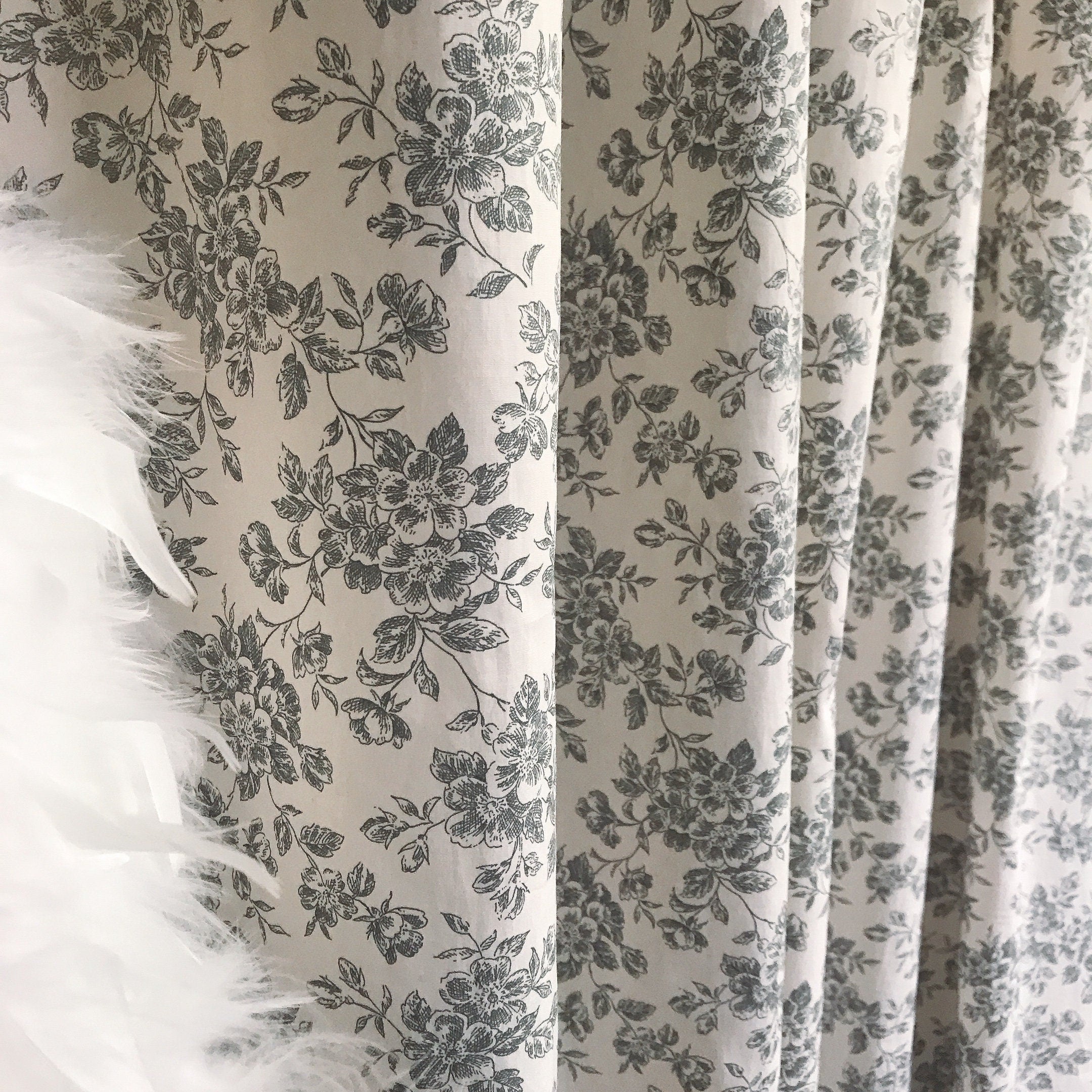 Soft Grey Floral Curtain on Ivory