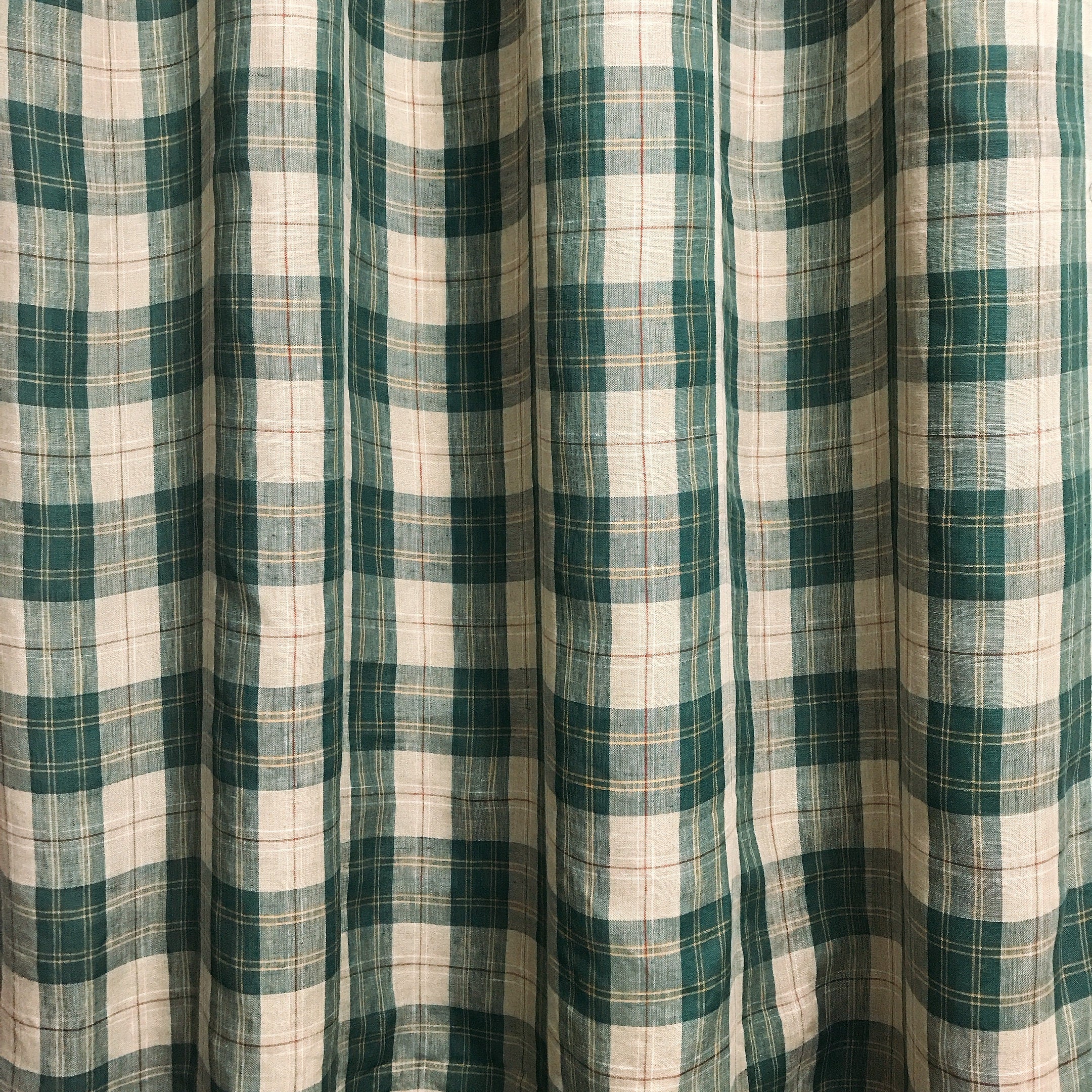 Teal Green Red Plaid Curtain on Natural Beige