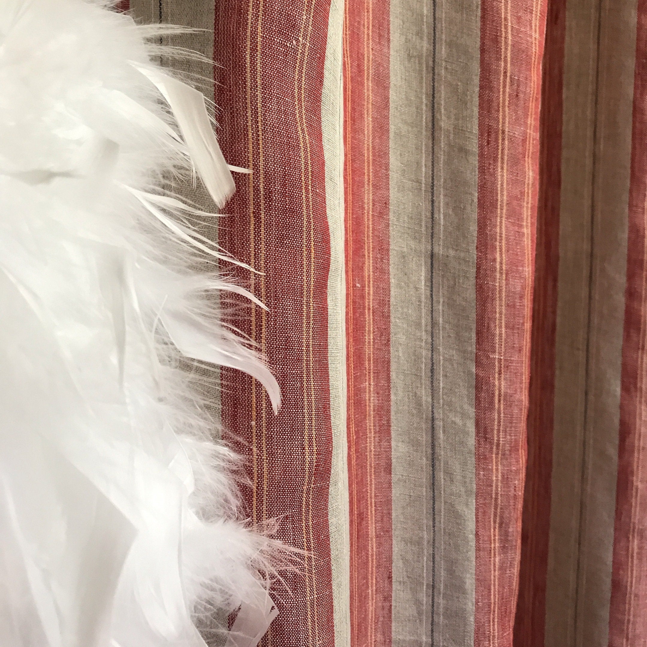 Red and Yellow Vertical Stripe Linen Curtain on Natural Beige with Orange Accents