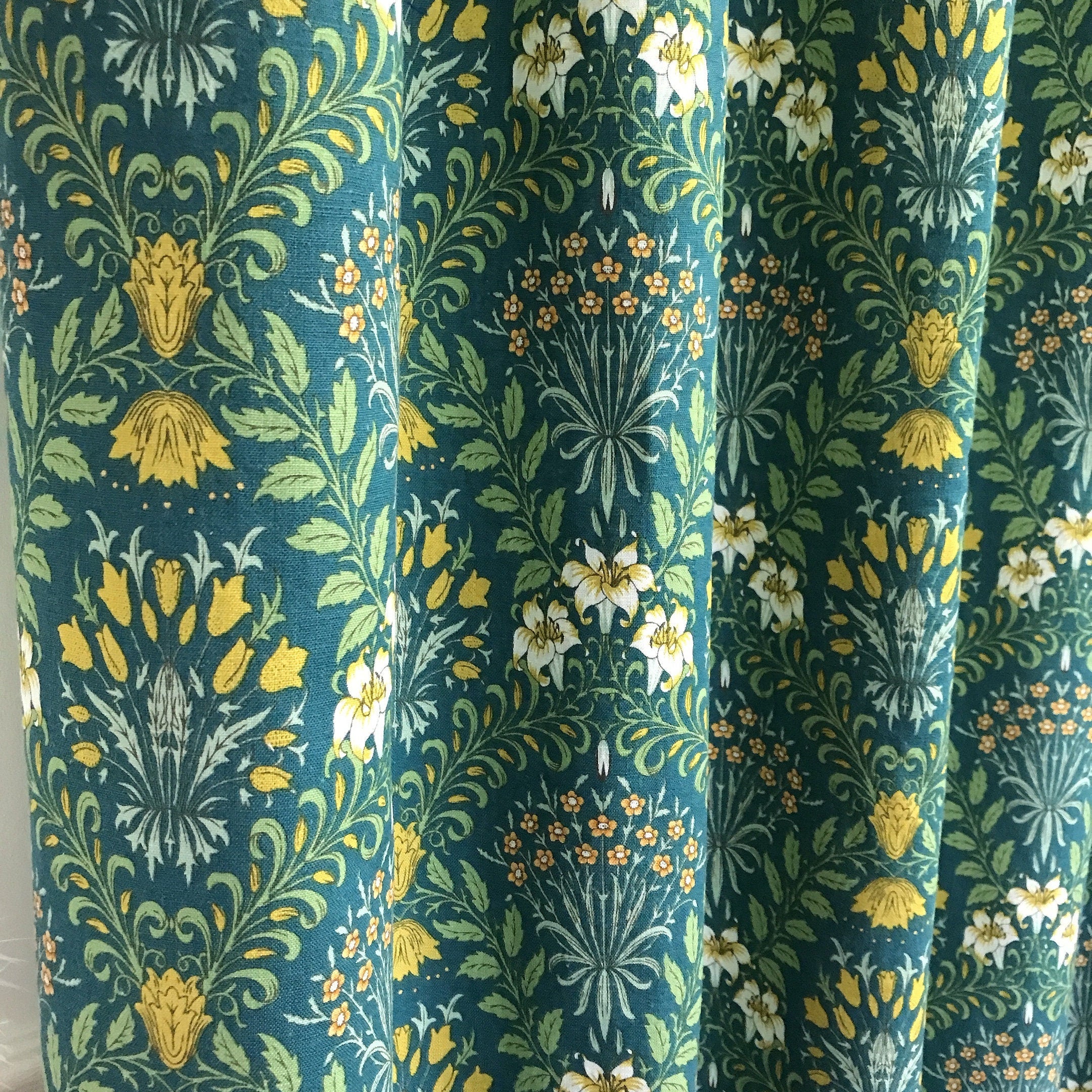Mustard Floral Botanical Curtain on Teal Green