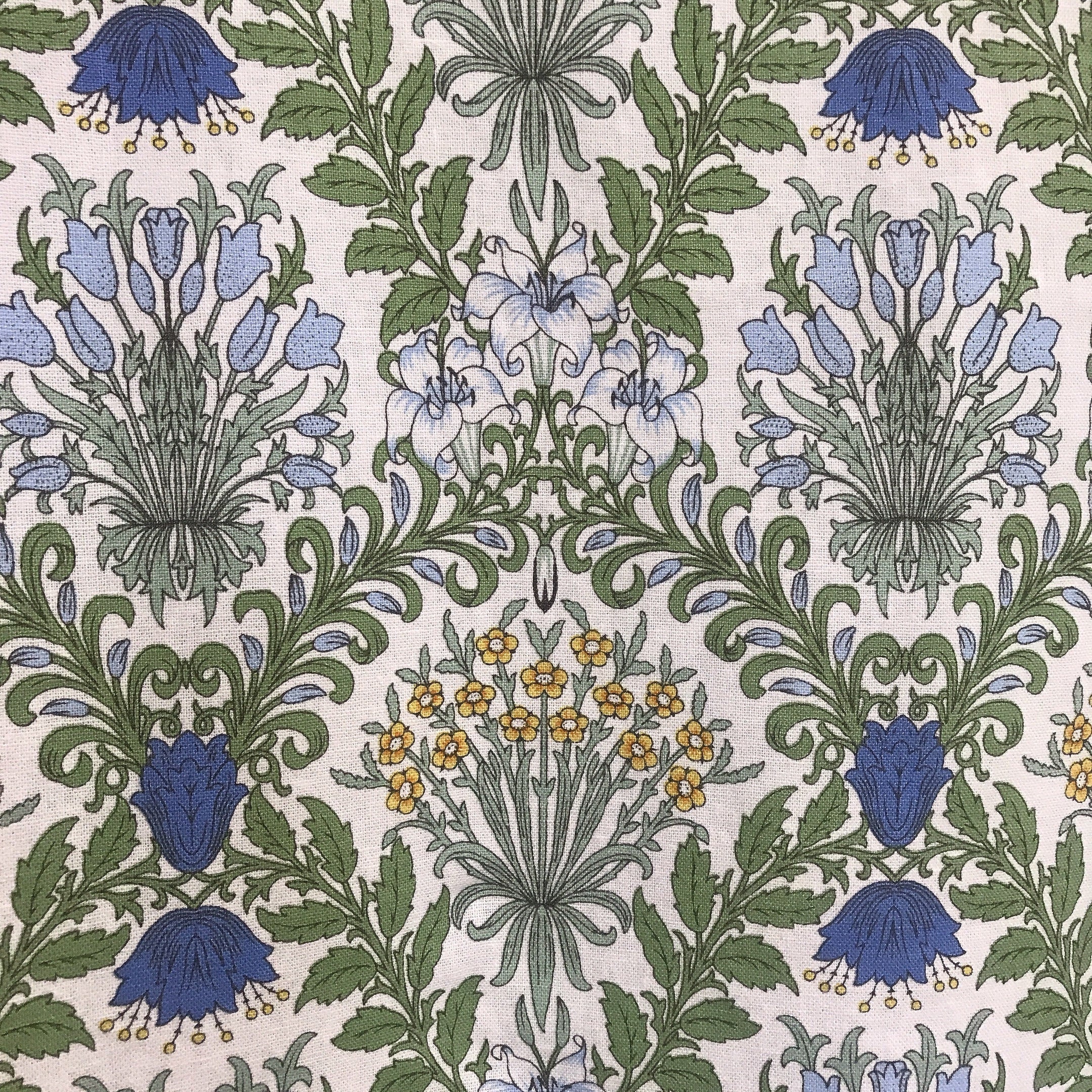 Blue and Mustard Botanical Floral Curtain on Ivory