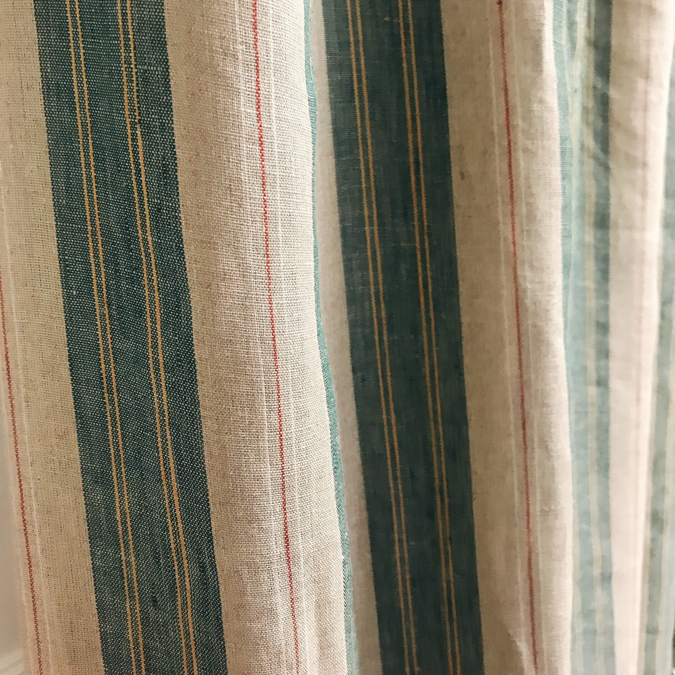 Teal Green and Red Vertical Stripe Linen Curtain on Natural Beige