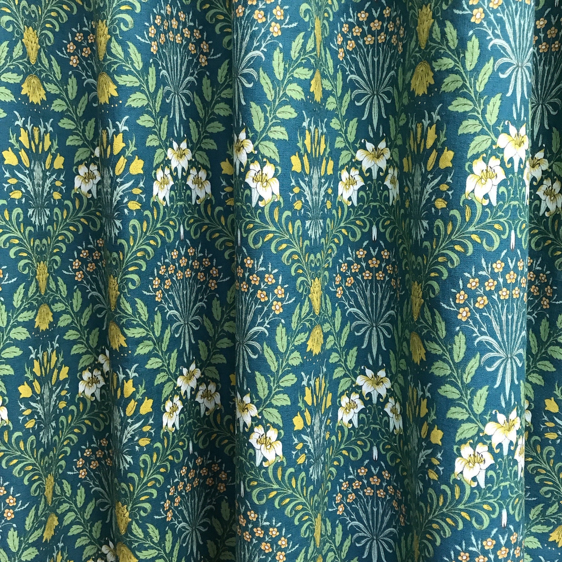 Mustard Floral Botanical Curtain on Teal Green