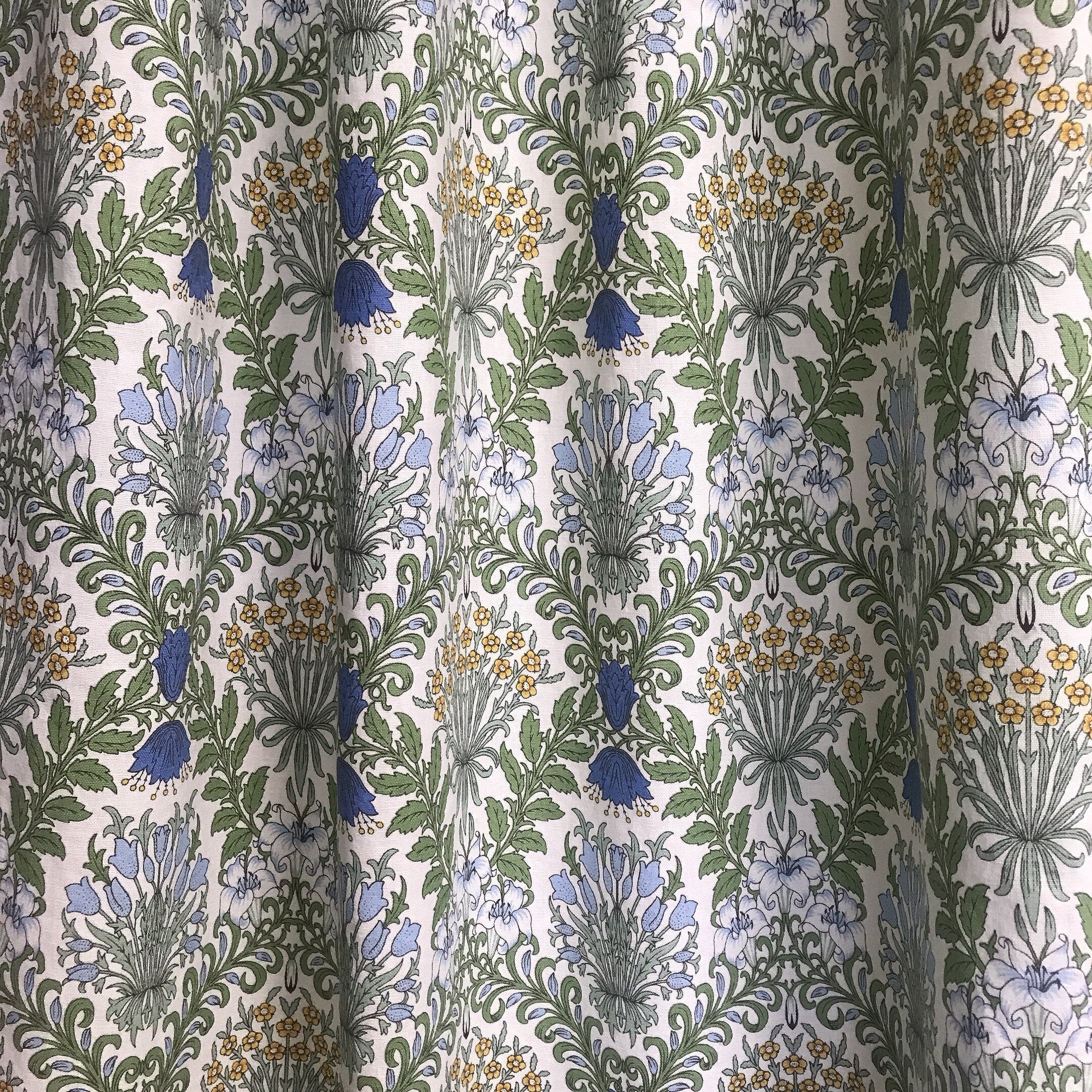 Blue and Mustard Botanical Floral Curtain on Ivory