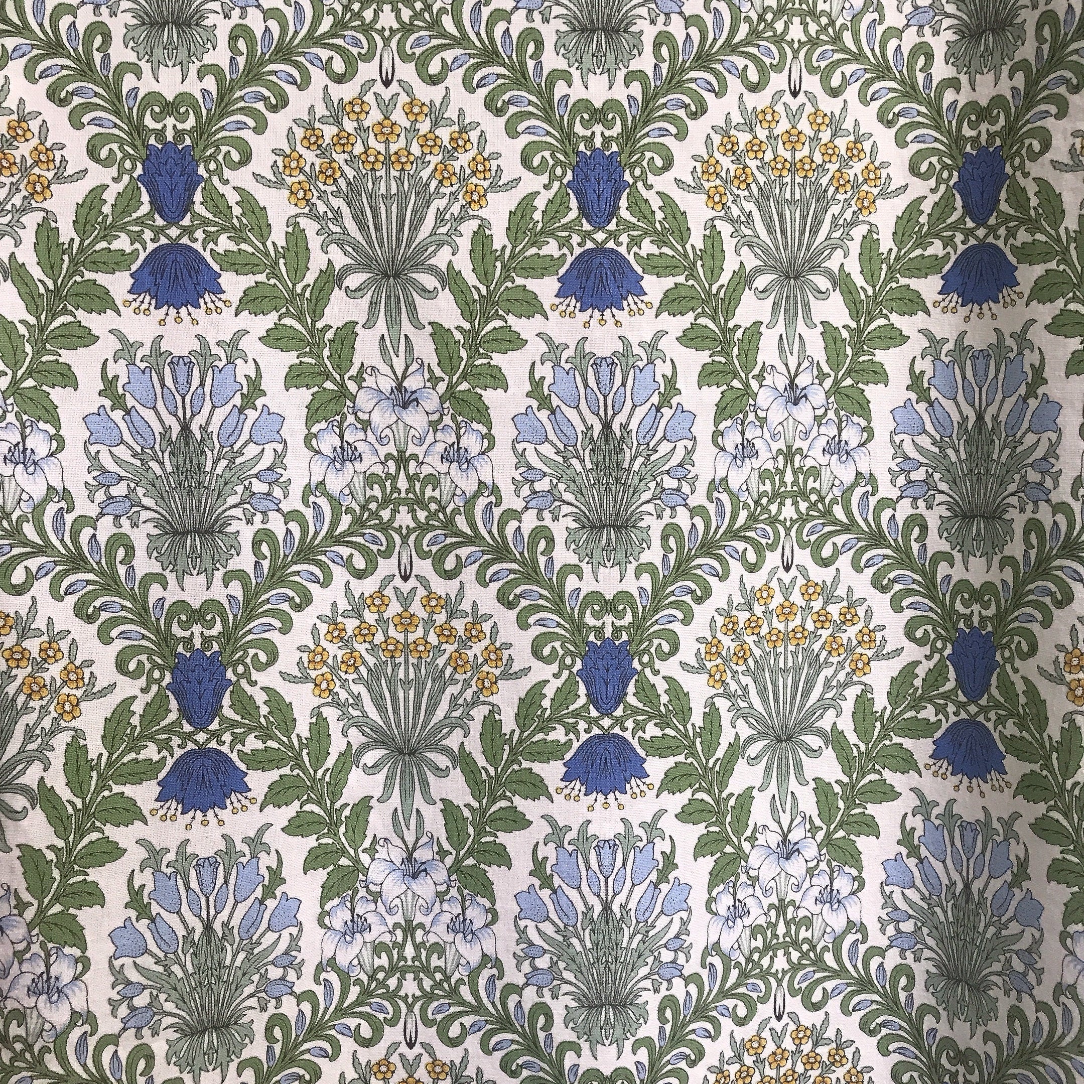 Blue and Mustard Botanical Floral Curtain on Ivory