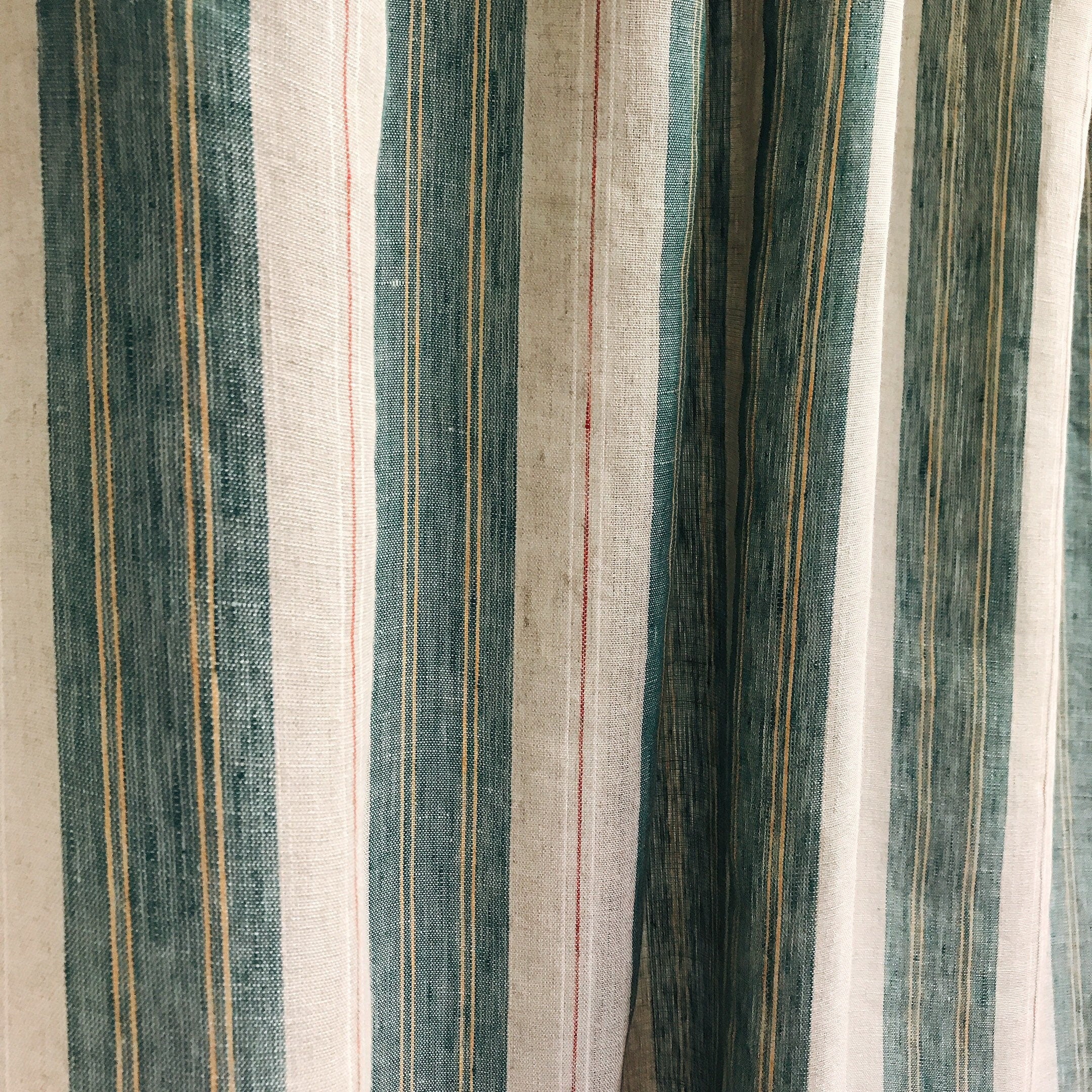 Teal Green and Red Vertical Stripe Linen Curtain on Natural Beige