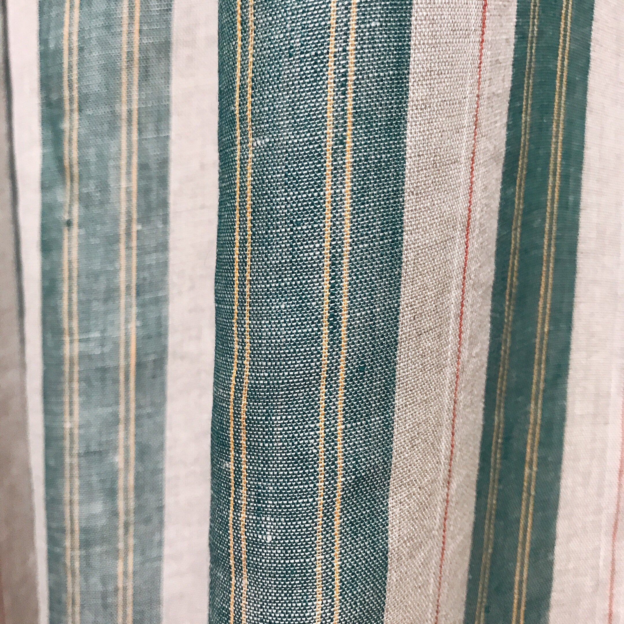 Teal Green and Red Vertical Stripe Linen Curtain on Natural Beige