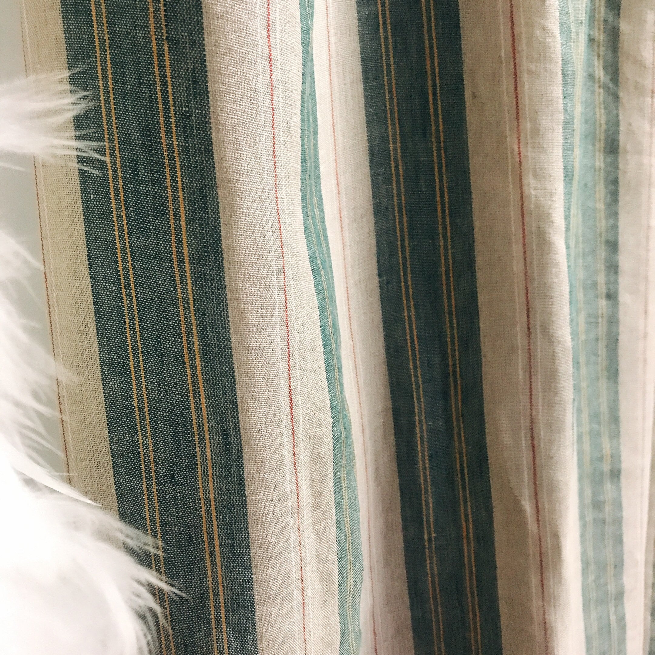 Teal Green and Red Vertical Stripe Linen Curtain on Natural Beige
