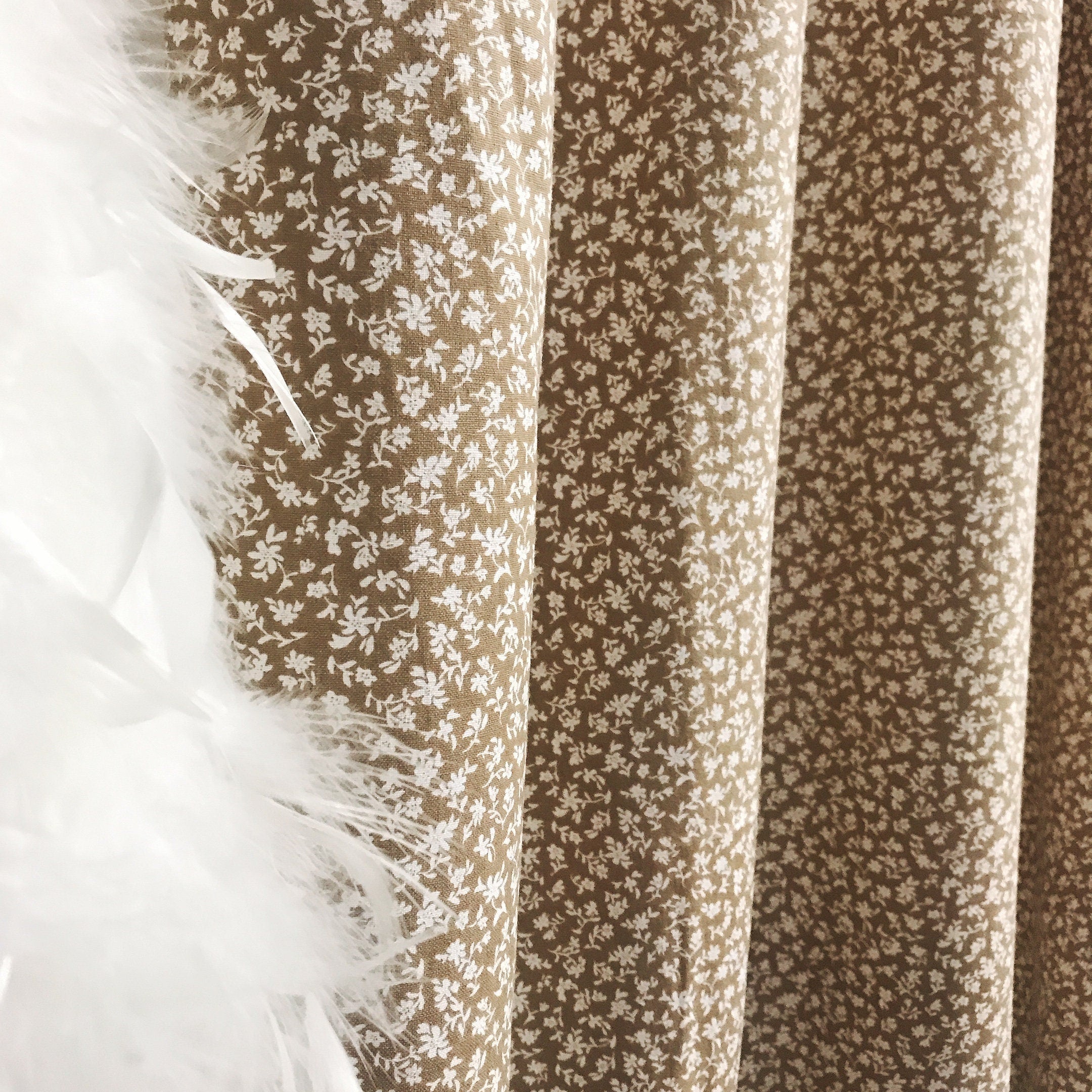 Petite White Floral Curtain on Natural Mocha