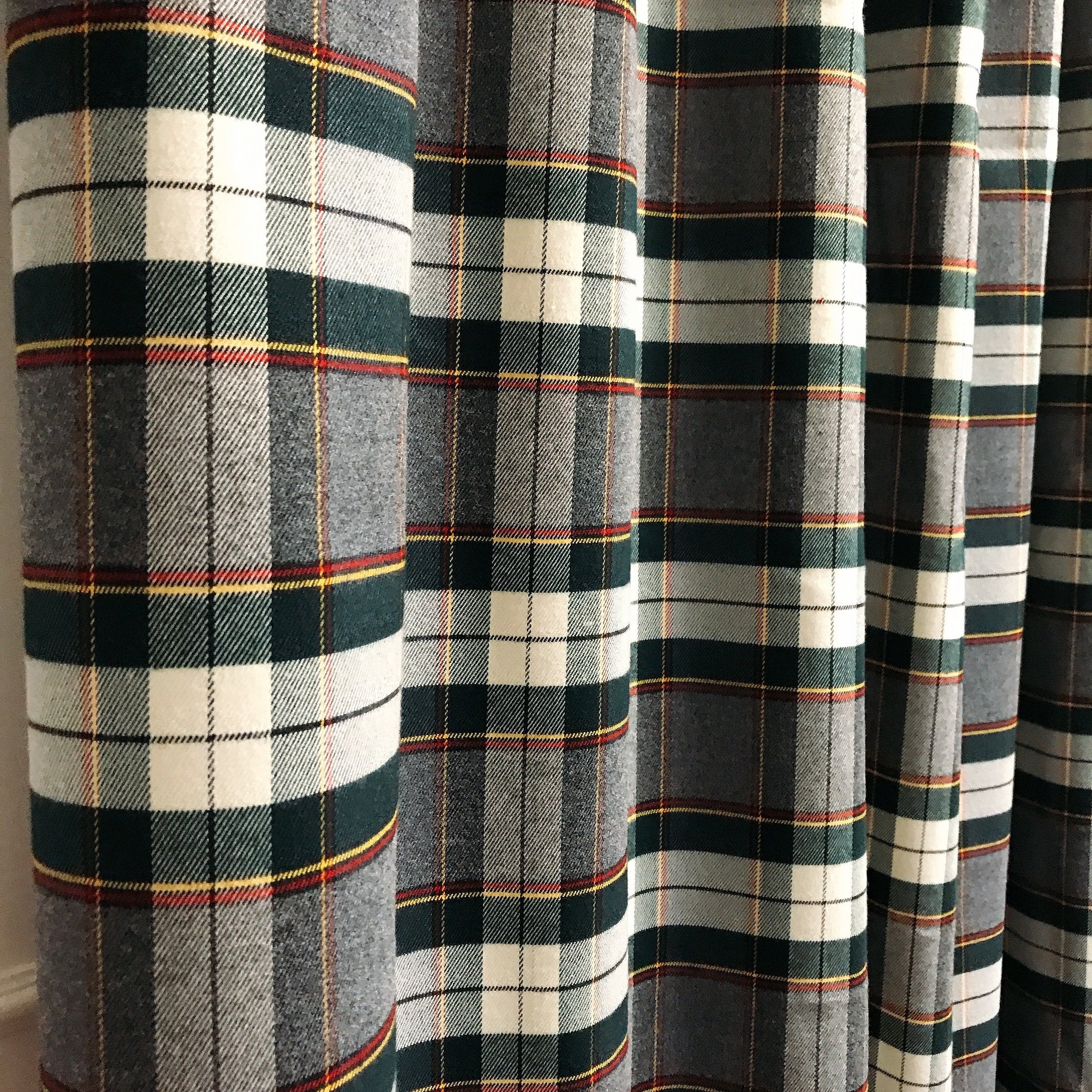 Brushed Tartan Plaid Curtain in Grey and Dark Green