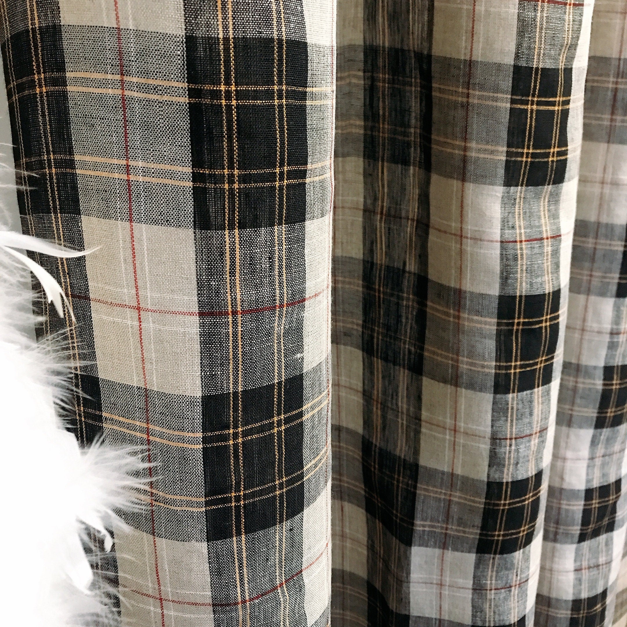 Black Orange Yellow and Red Plaid Linen Curtain on Natural Beige