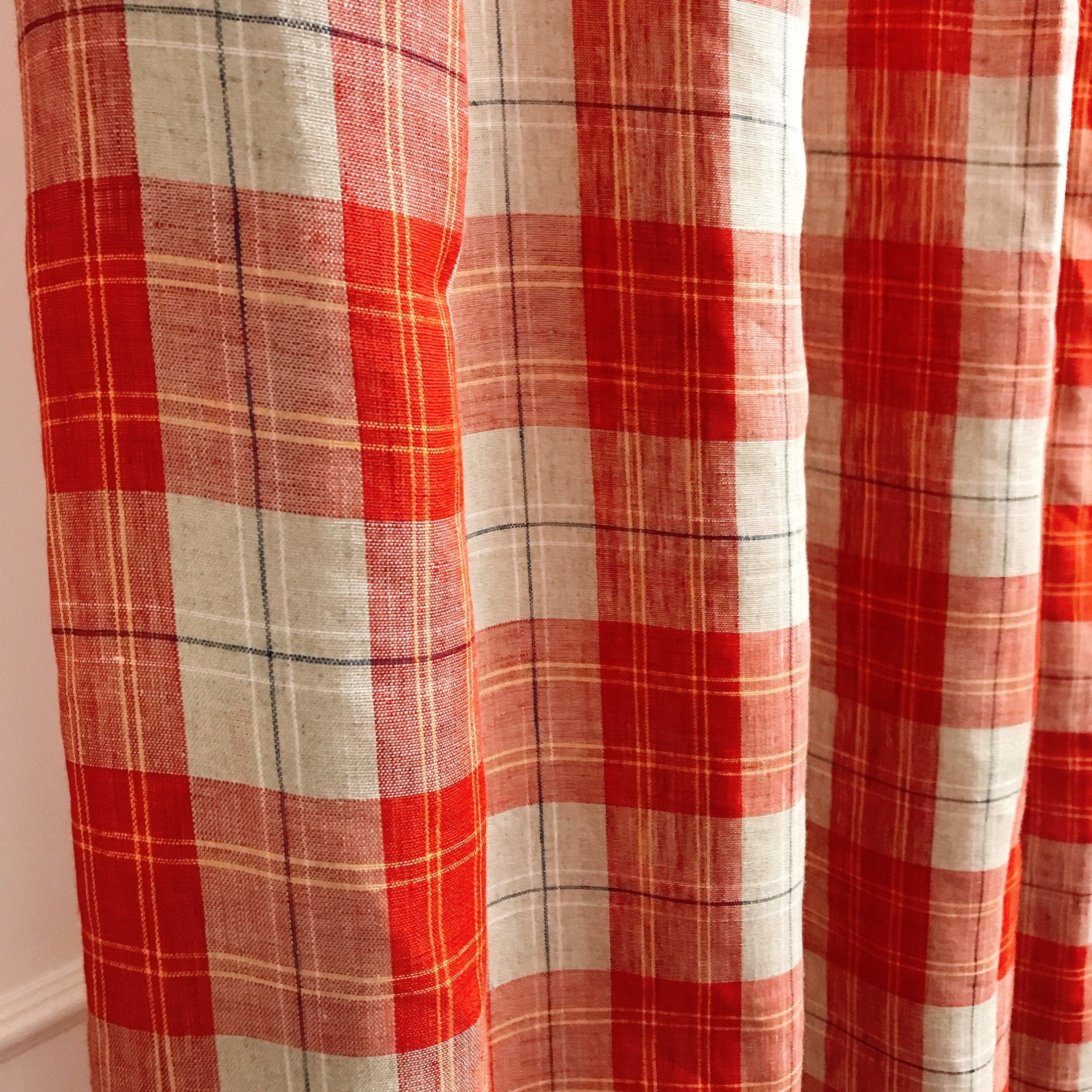 Red and Yellow Plaid Linen Curtain on Natural Beige with Orange Accents