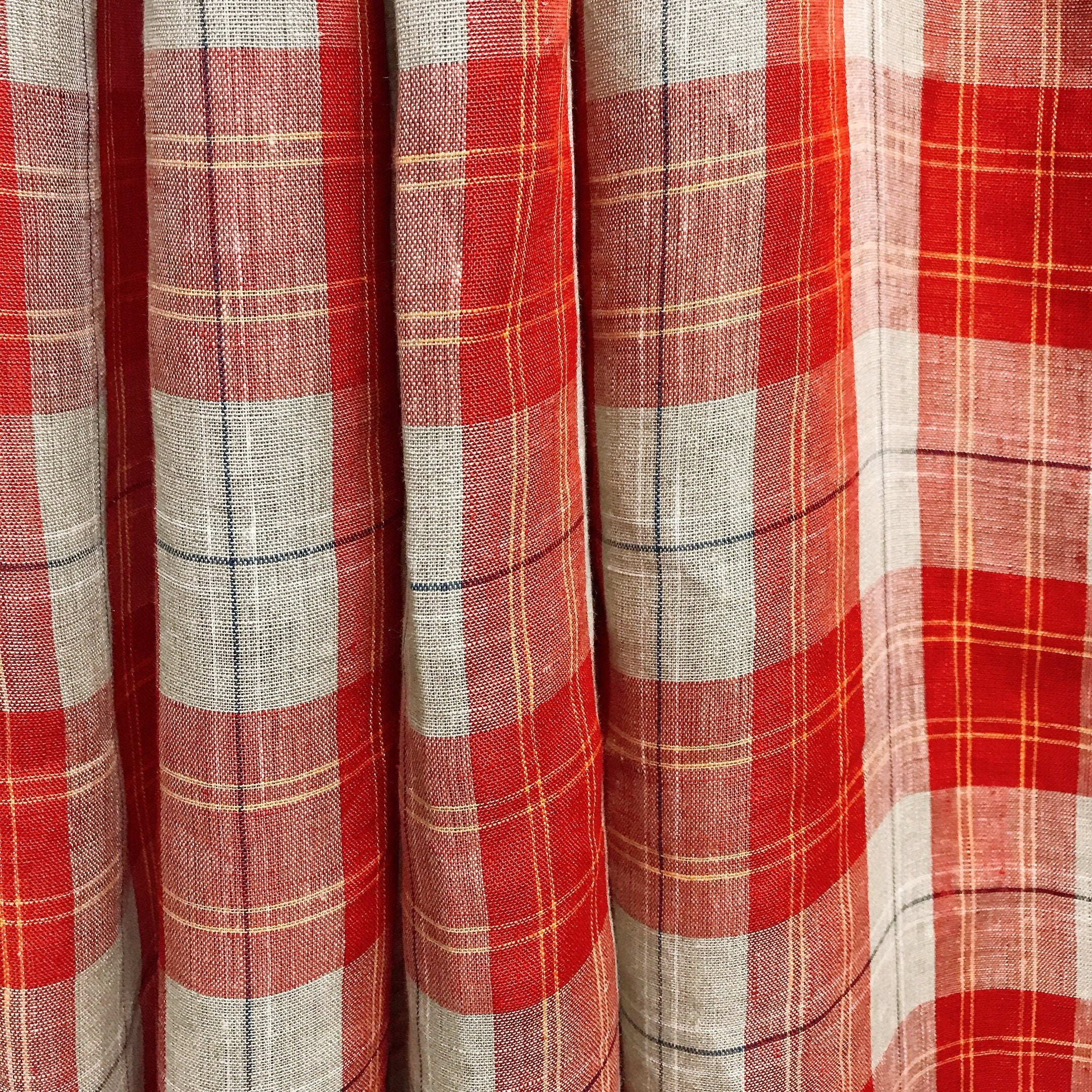 Red and Yellow Plaid Linen Curtain on Natural Beige with Orange Accents
