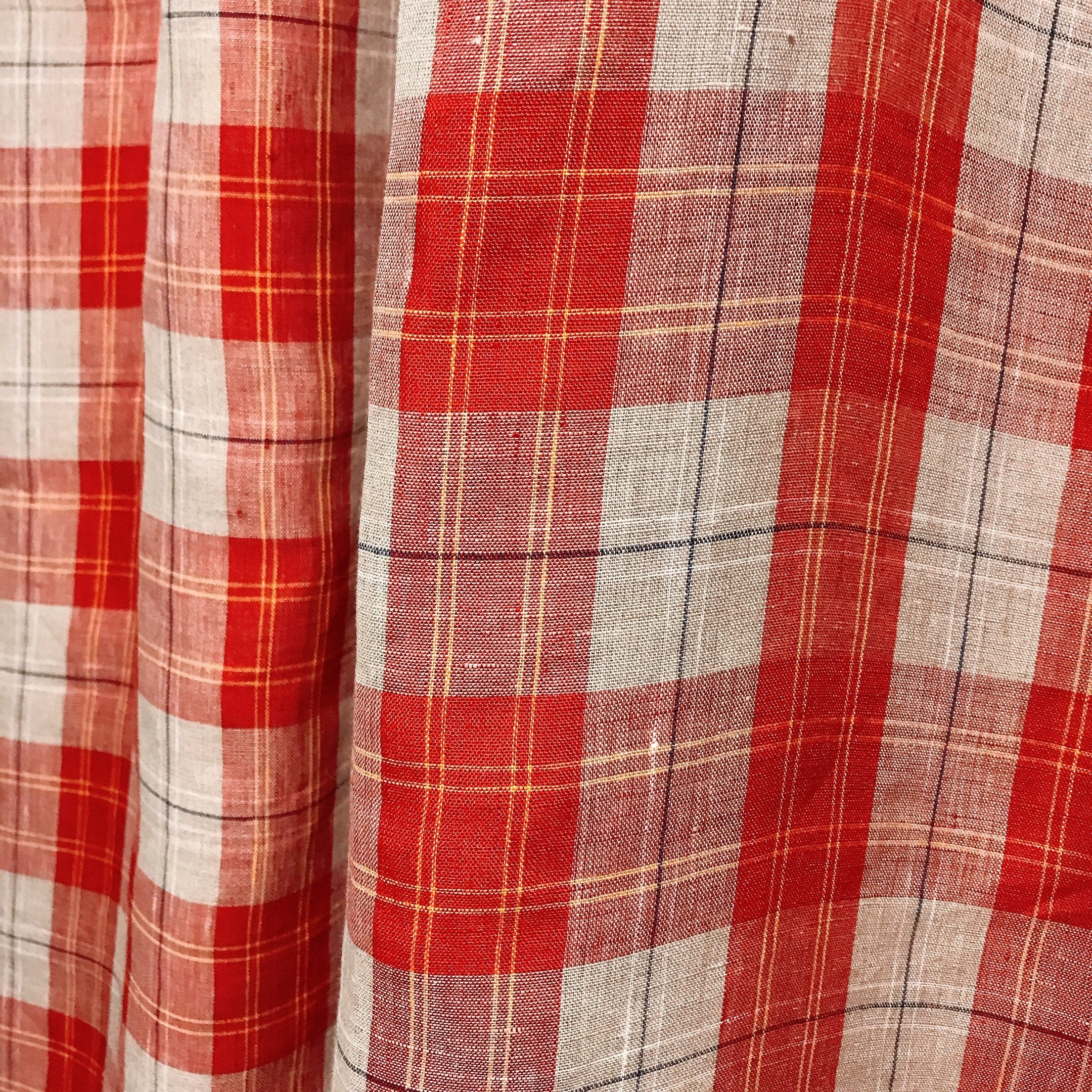 Red and Yellow Plaid Linen Curtain on Natural Beige with Orange Accents