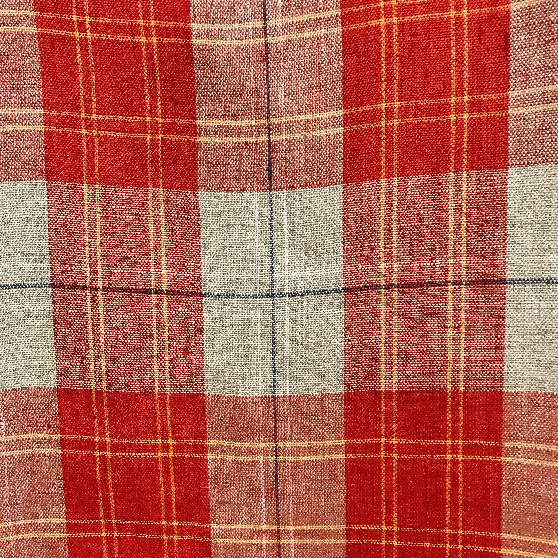Red and Yellow Plaid Linen Curtain on Natural Beige with Orange Accents
