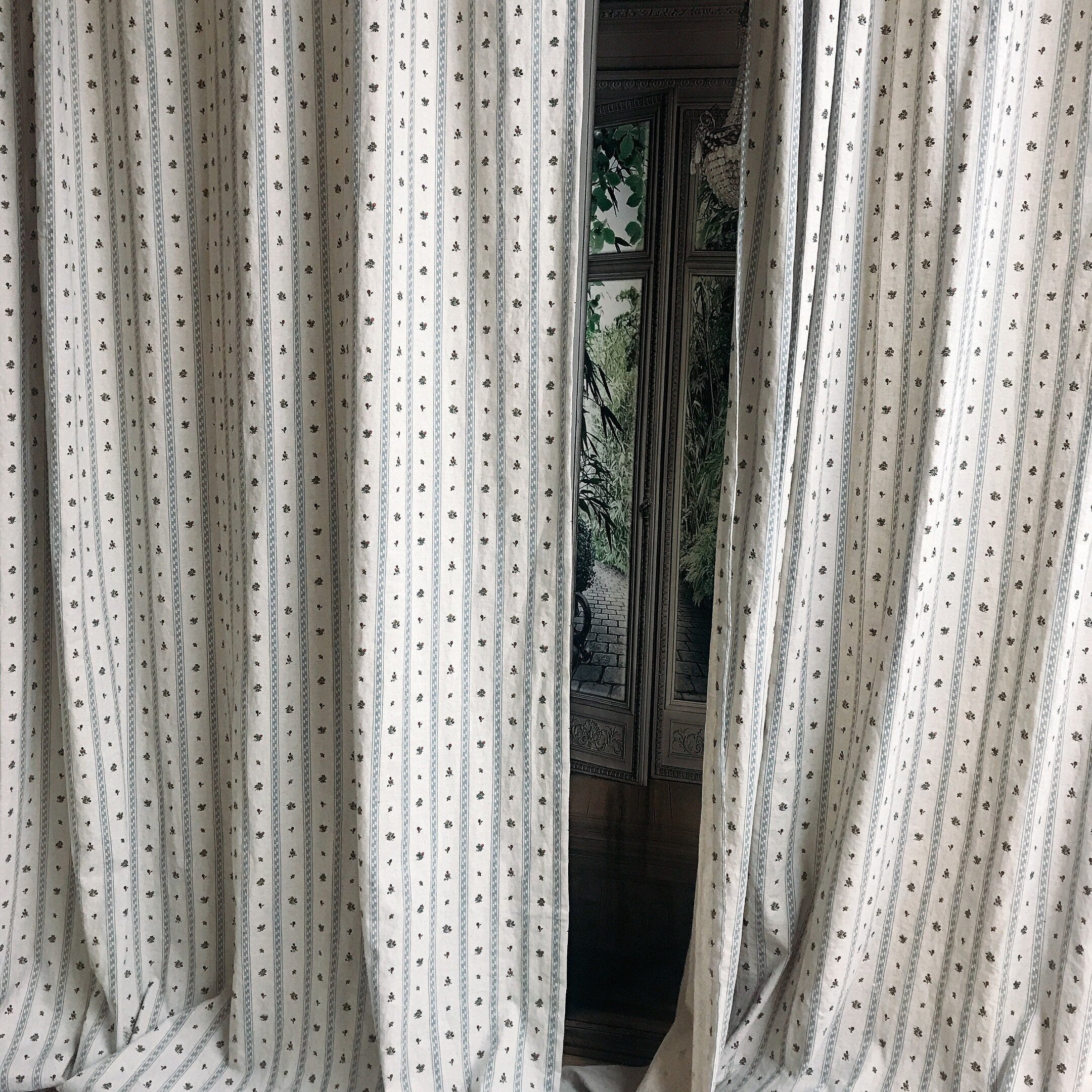 Grey Blue Stripe and Tiny Floral Curtain on Natural Beige