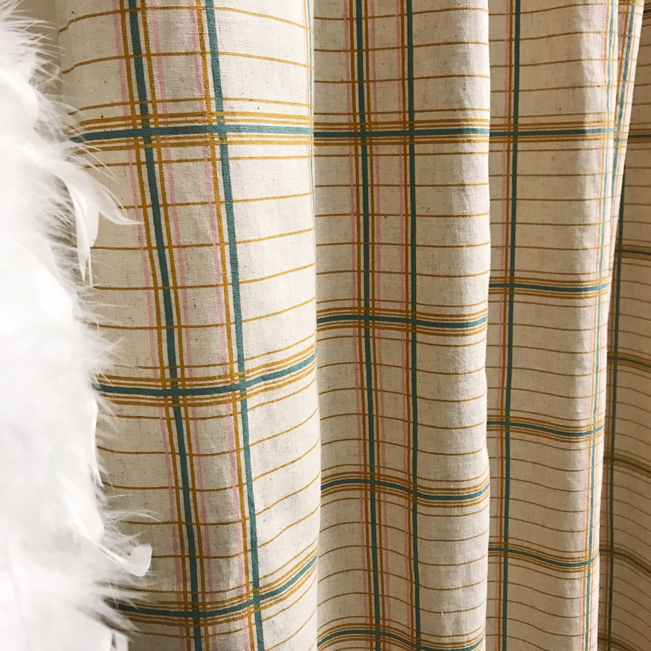 Mustard Teal and Baby Pink Plaid Curtain on Natural Beige