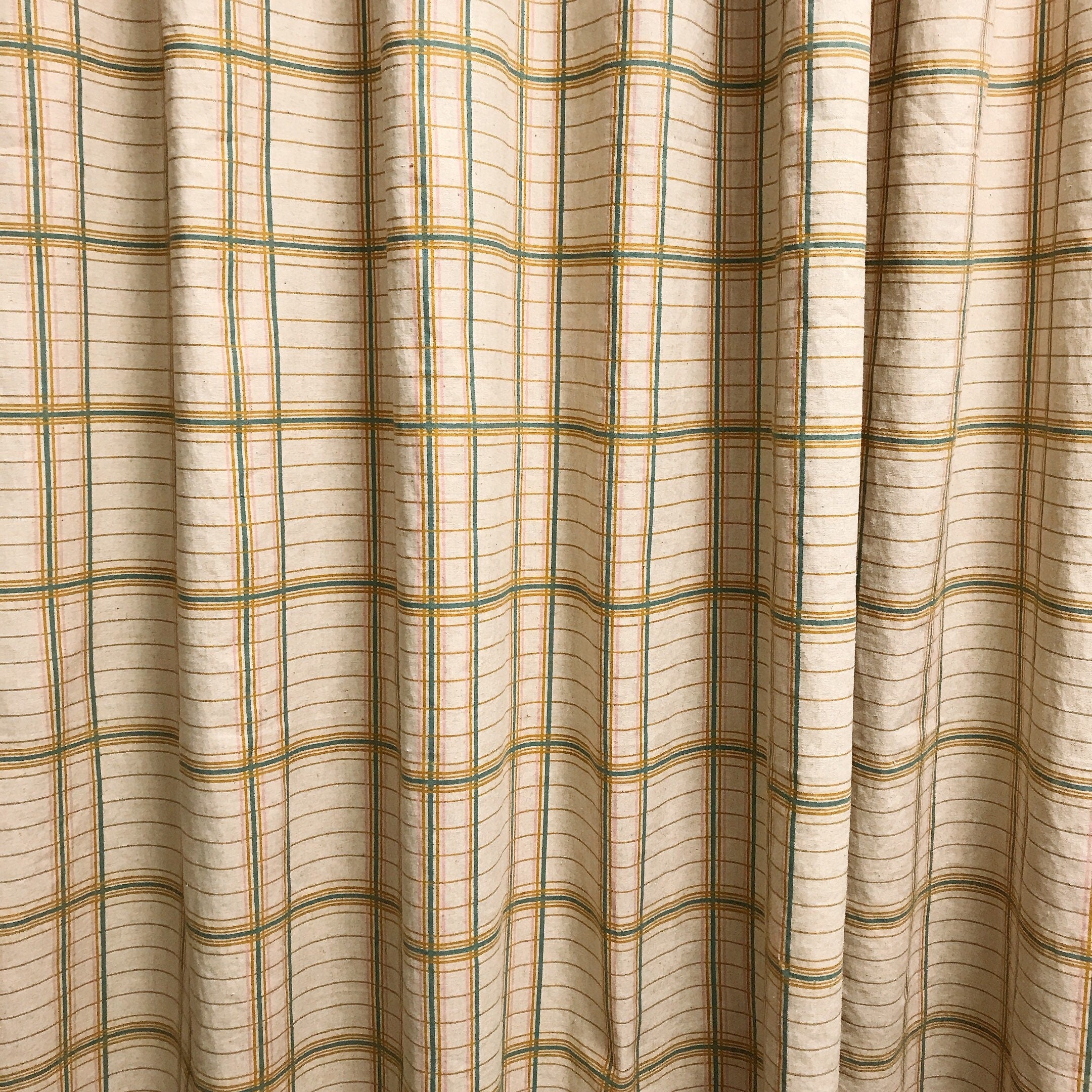 Mustard Teal and Baby Pink Plaid Curtain on Natural Beige