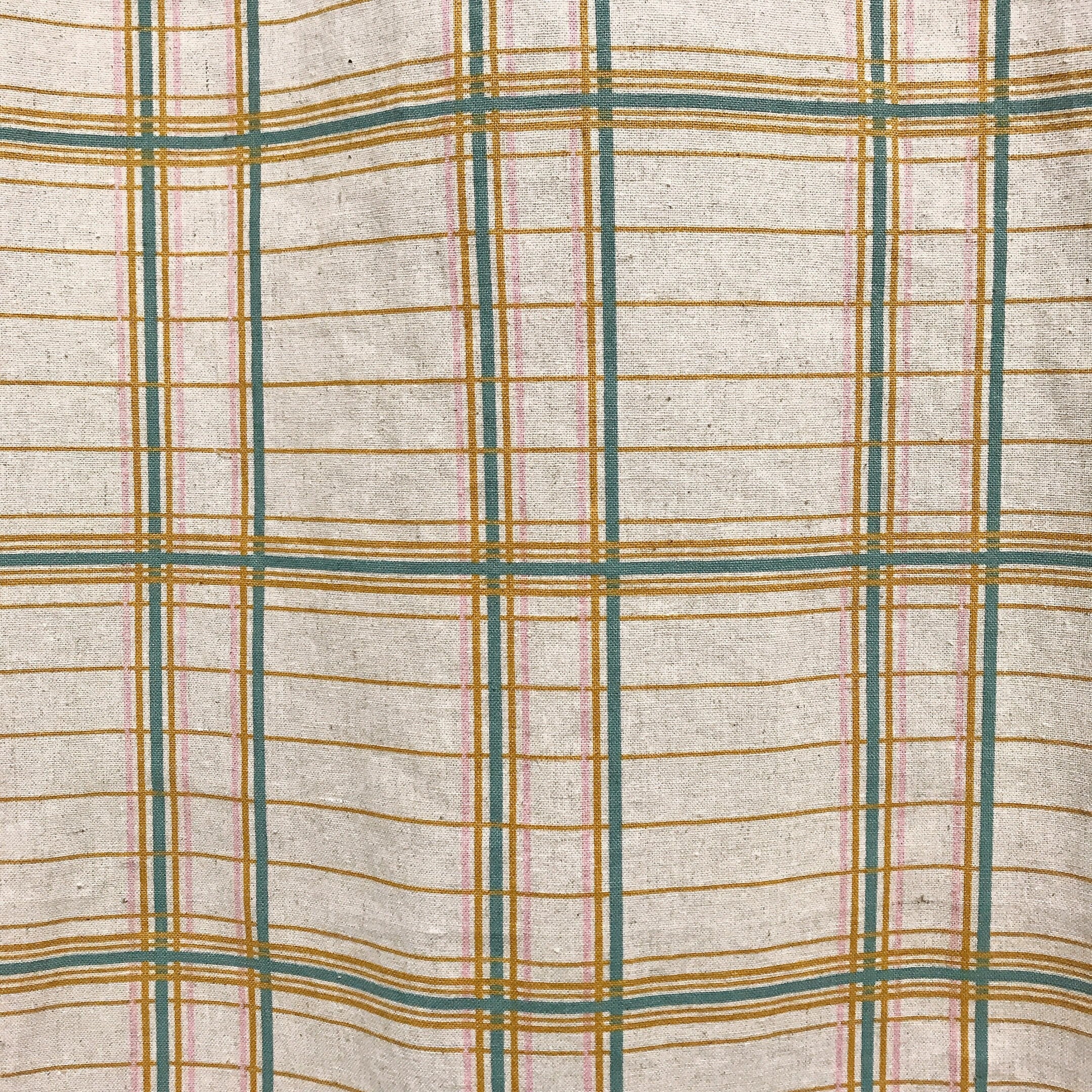 Mustard Teal and Baby Pink Plaid Curtain on Natural Beige