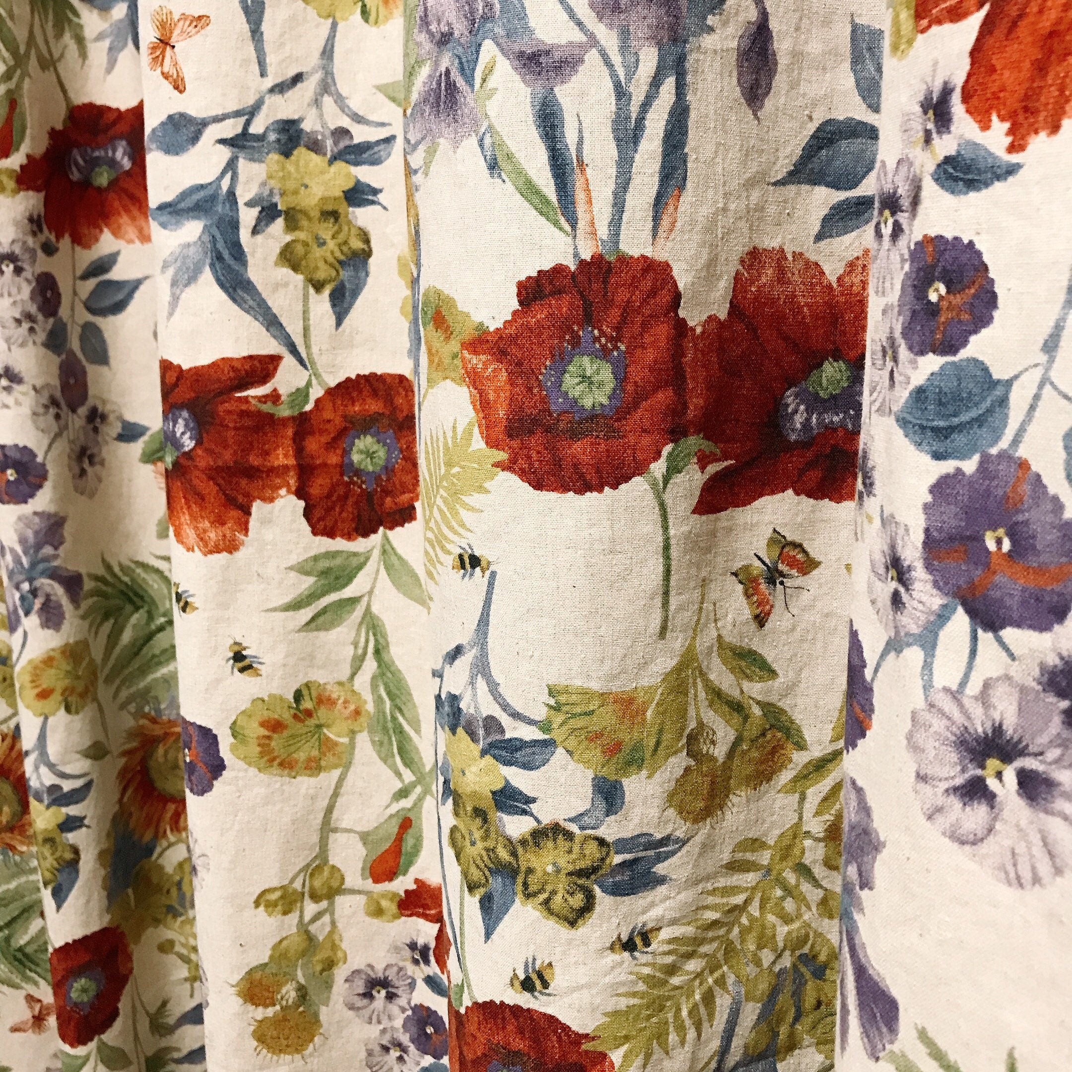 Deep Poppy Red and Soft Purple Floral Curtain on Natural Beige