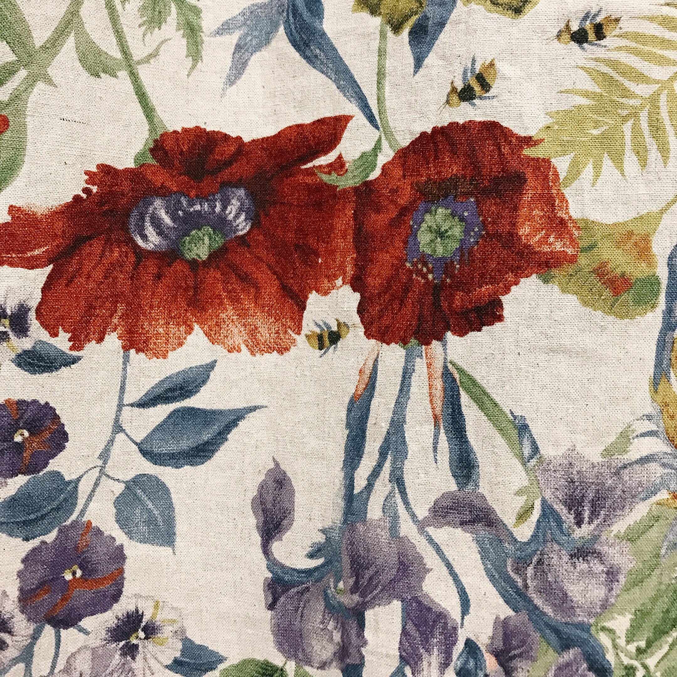 Deep Poppy Red and Soft Purple Floral Curtain on Natural Beige