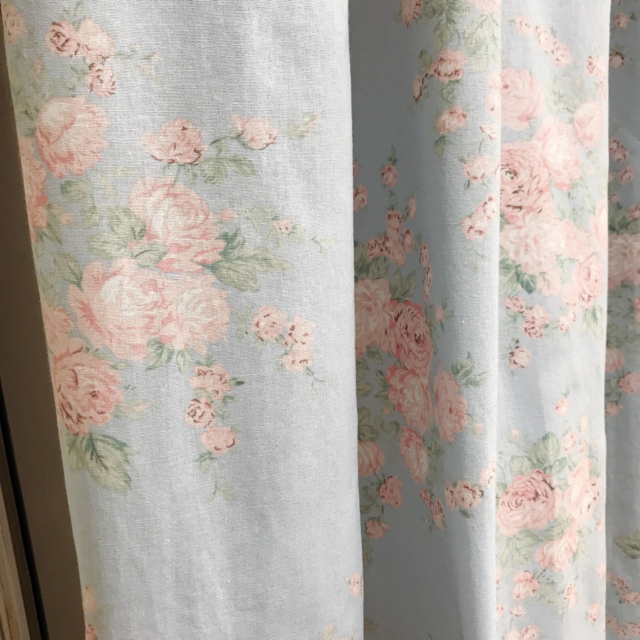 Peach and Baby Pink Floral Curtain on Light Blue