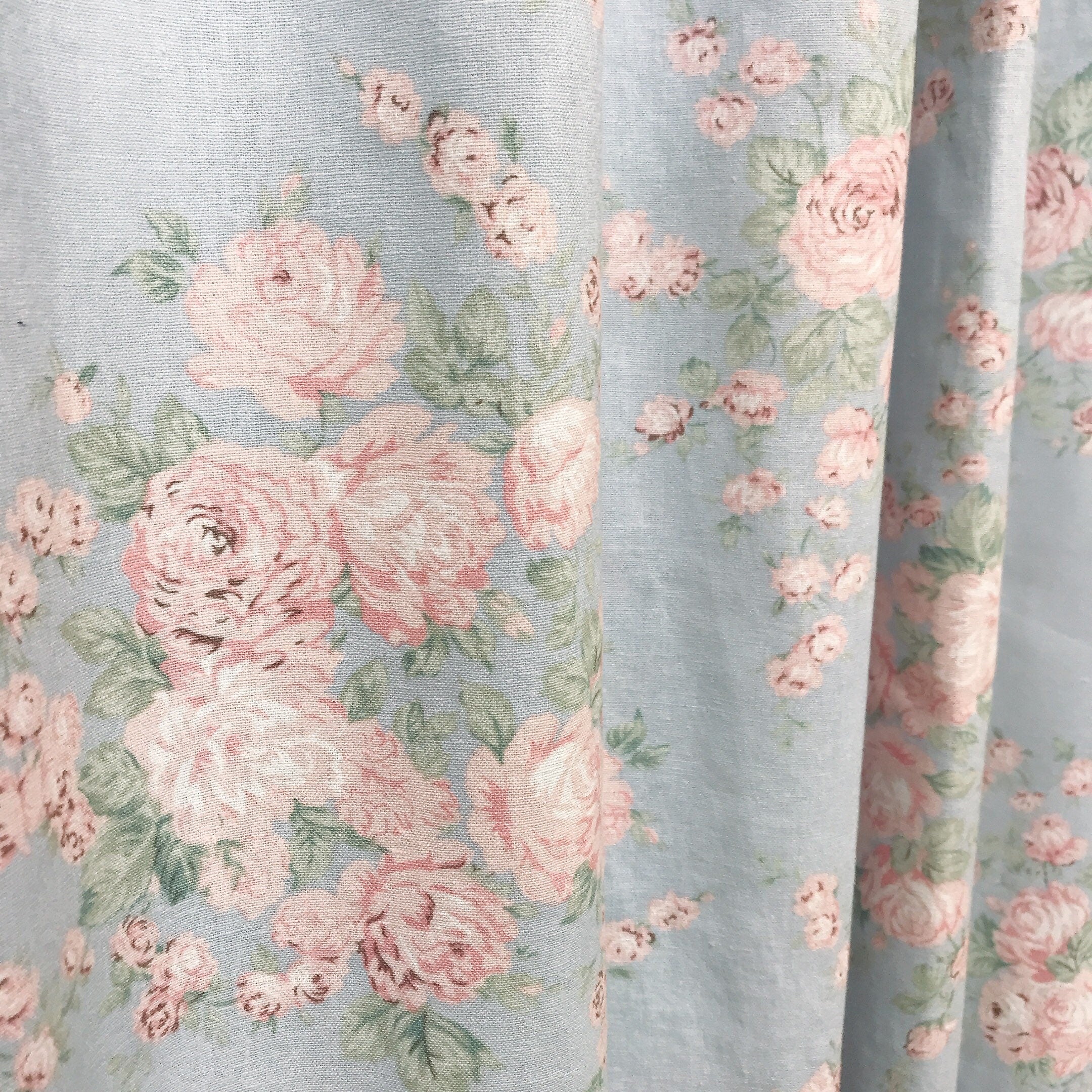 Peach and Baby Pink Floral Curtain on Light Blue