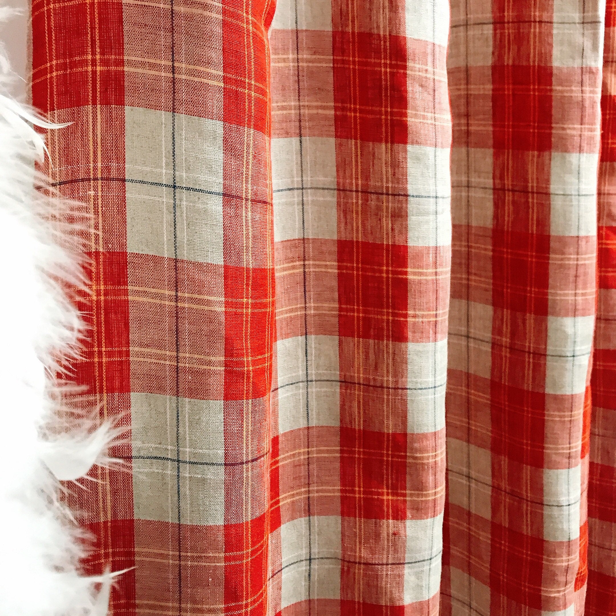 Red and Yellow Plaid Linen Curtain on Natural Beige with Orange Accents