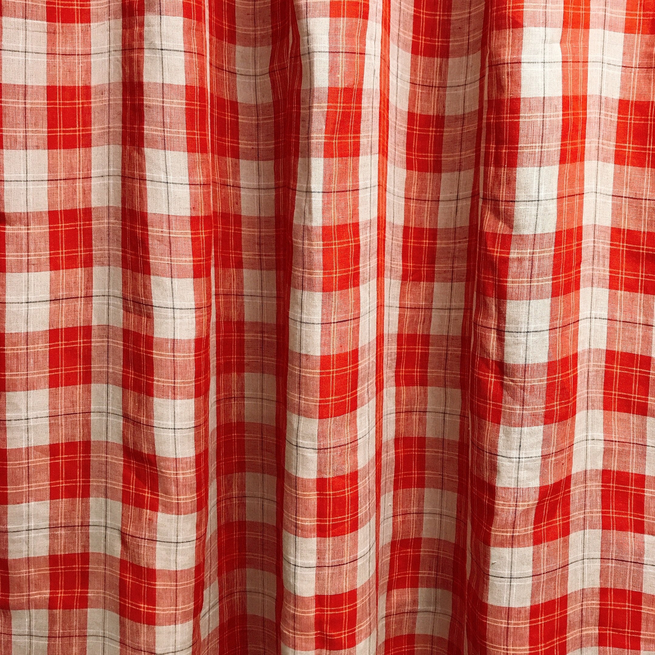 Red and Yellow Plaid Linen Curtain on Natural Beige with Orange Accents