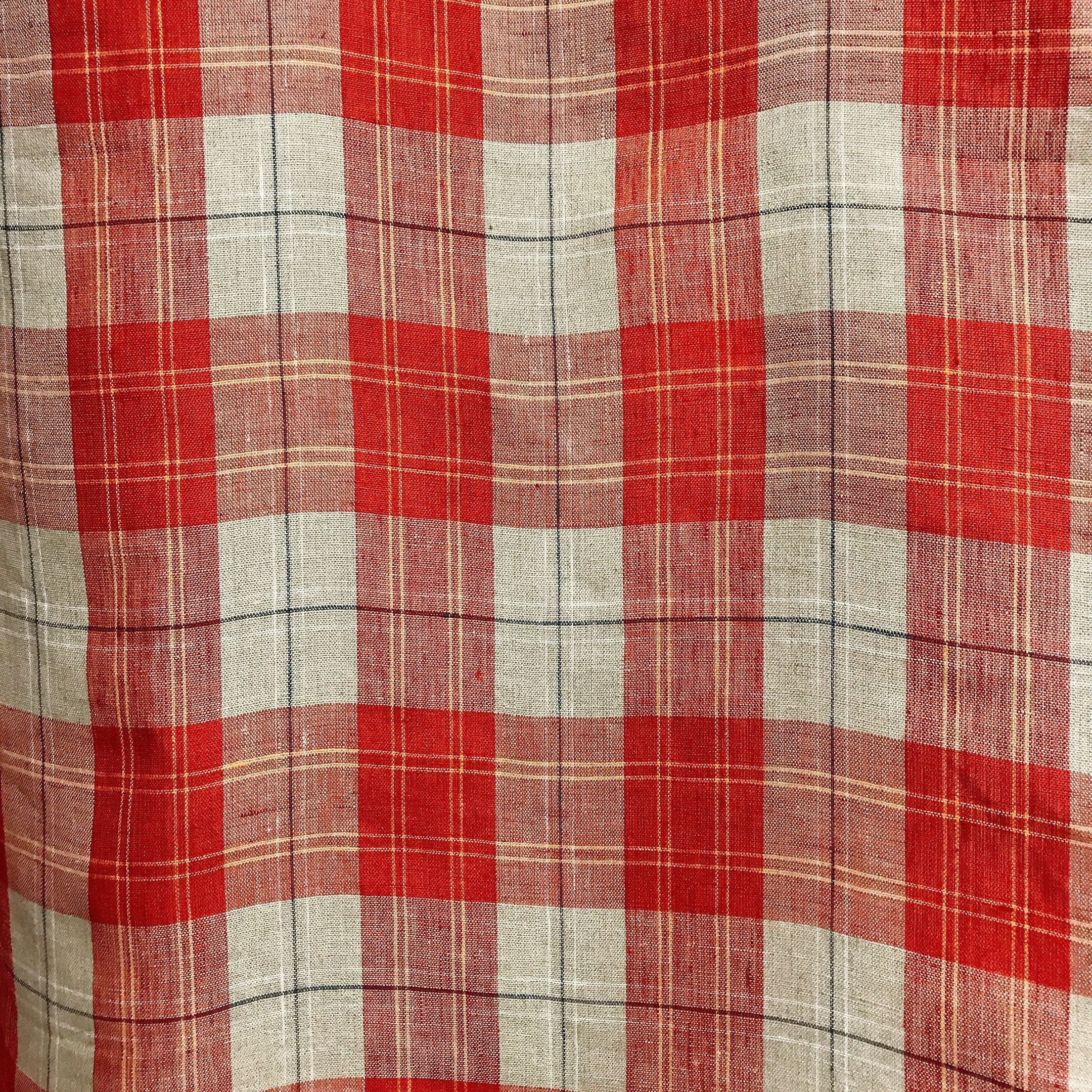 Red and Yellow Plaid Linen Curtain on Natural Beige with Orange Accents