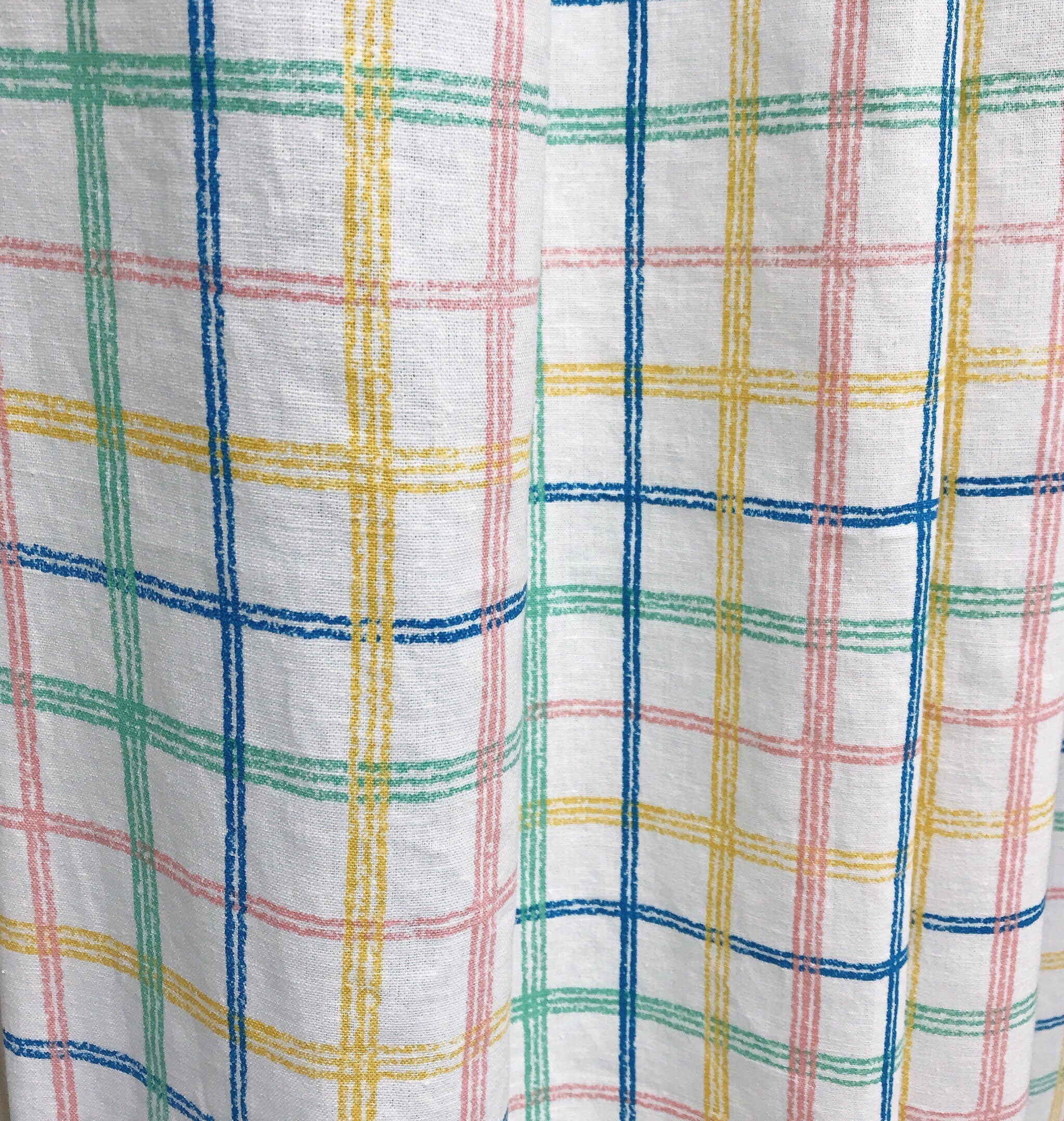 Blue Yellow Pink Green Plaid Curtain on White