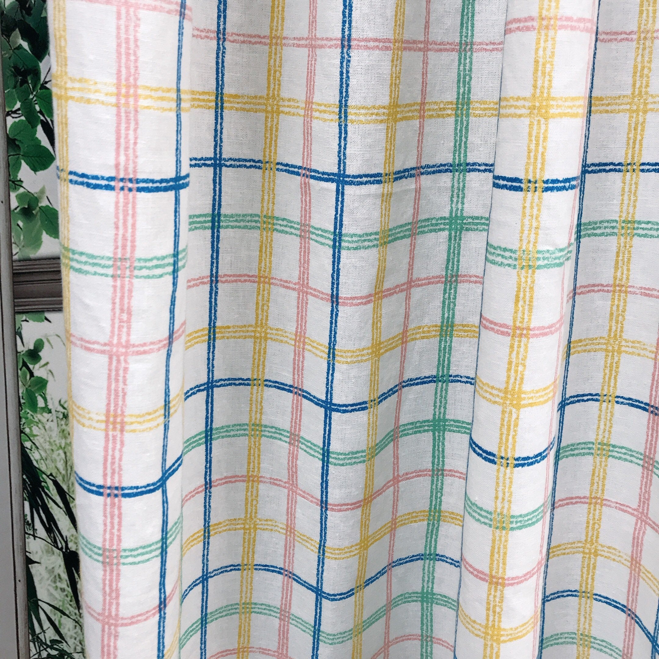 Blue Yellow Pink Green Plaid Curtain on White