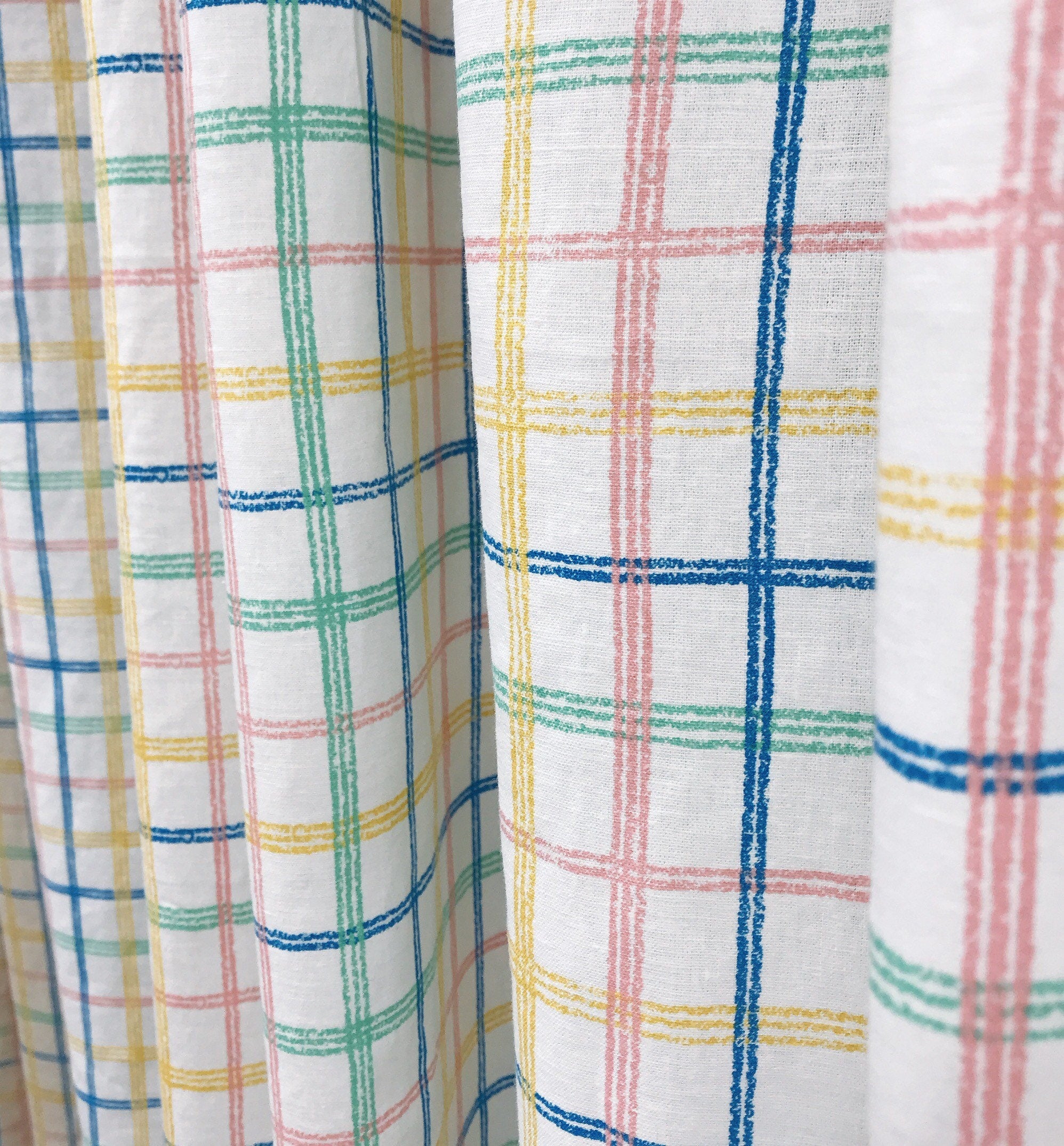 Blue Yellow Pink Green Plaid Curtain on White