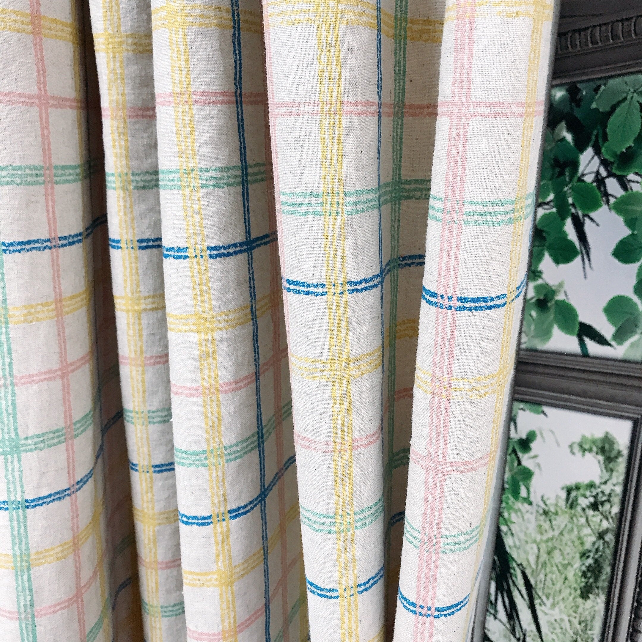 Blue Yellow and Pink Plaid Curtain on Beige