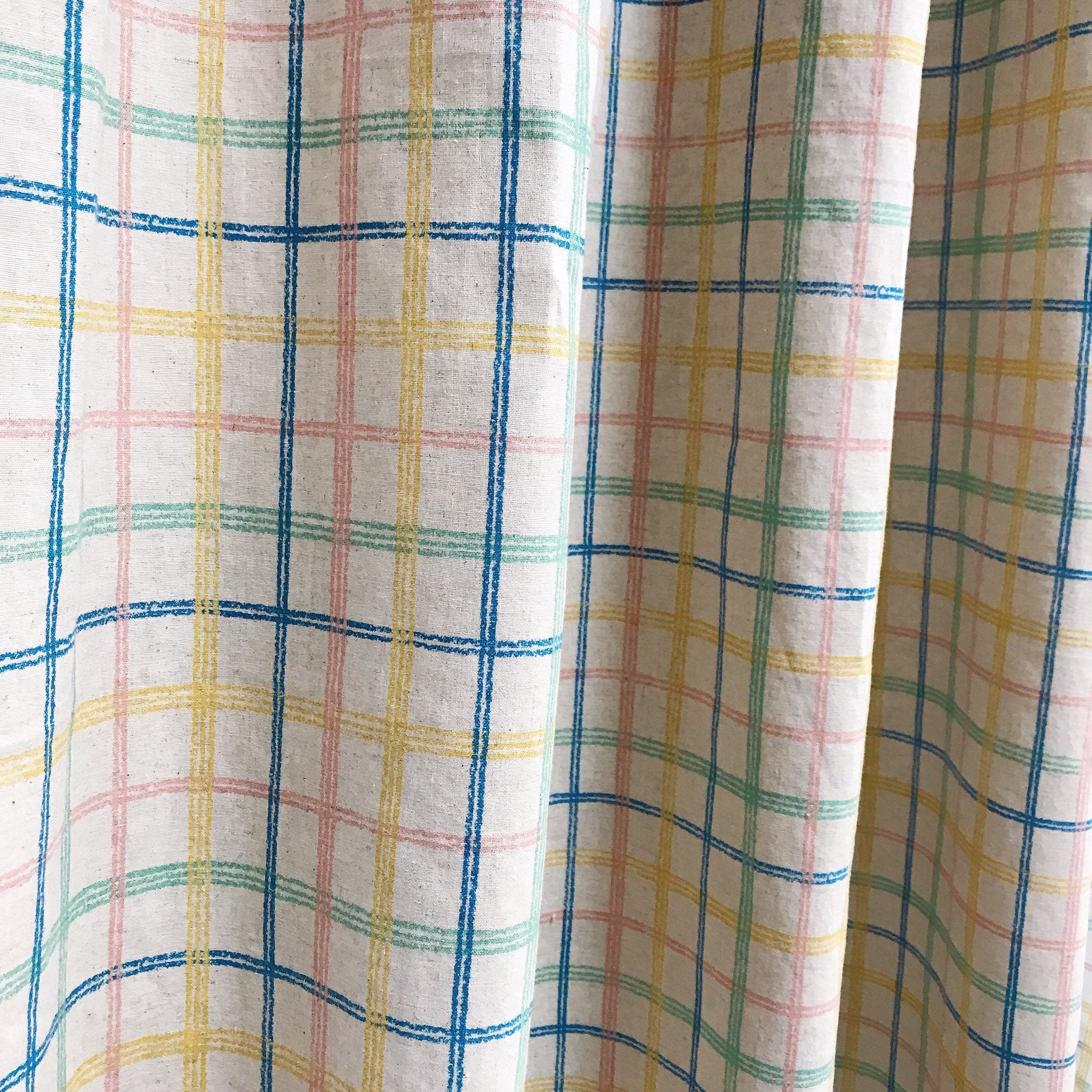 Blue Yellow and Pink Plaid Curtain on Beige