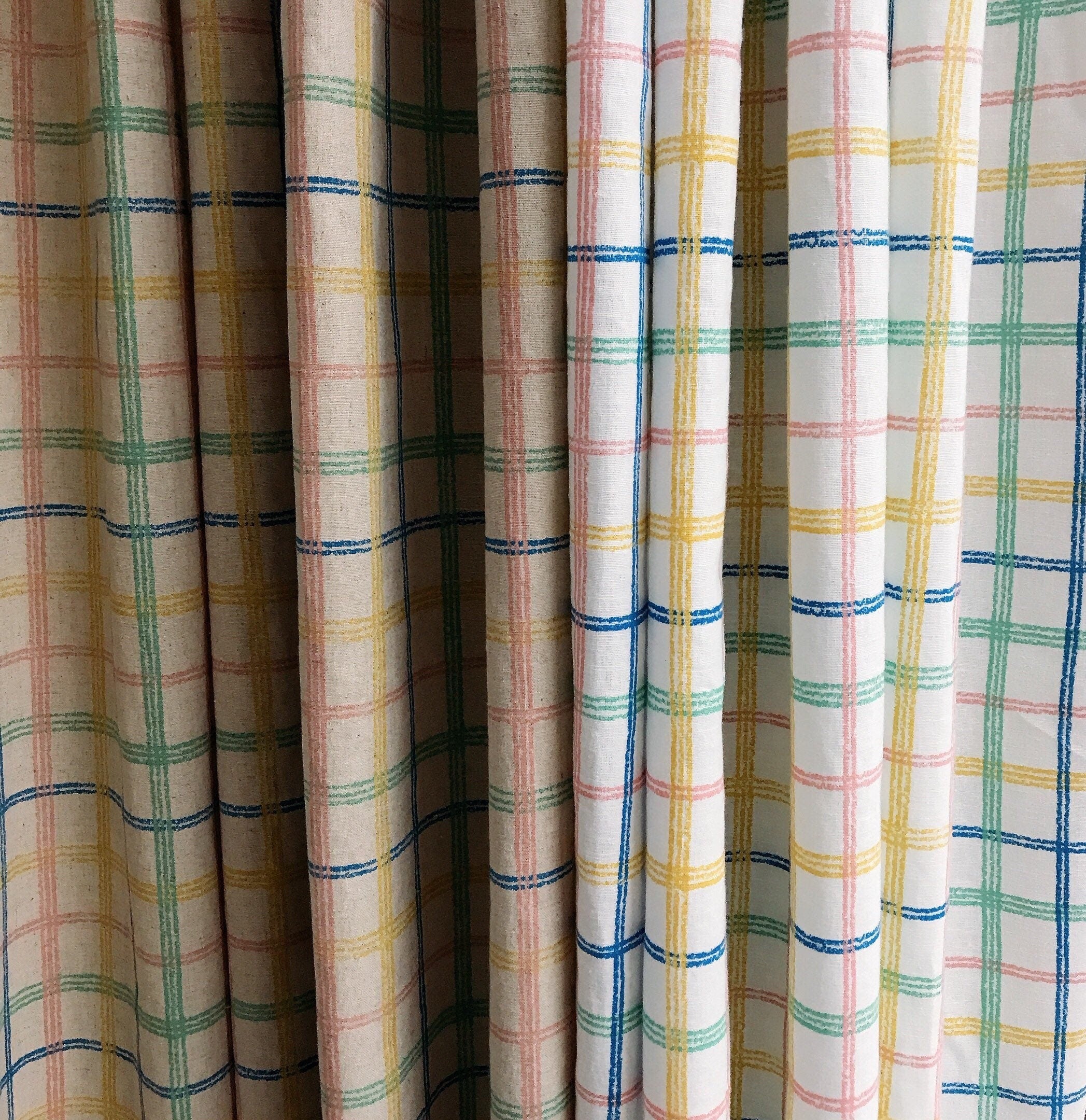 Blue Yellow and Pink Plaid Curtain on Beige