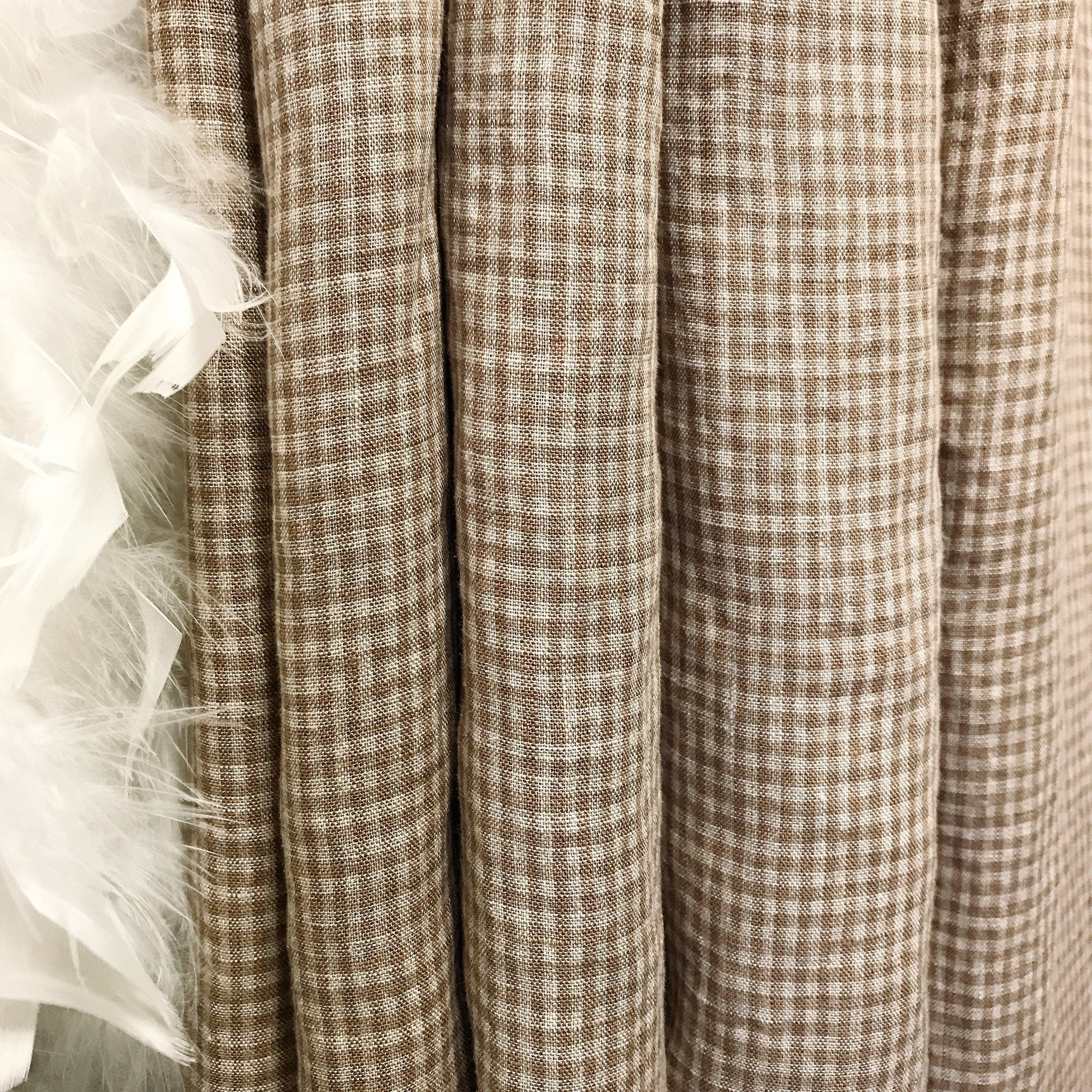 Brown and Natural Beige Tiny Plaid Curtain