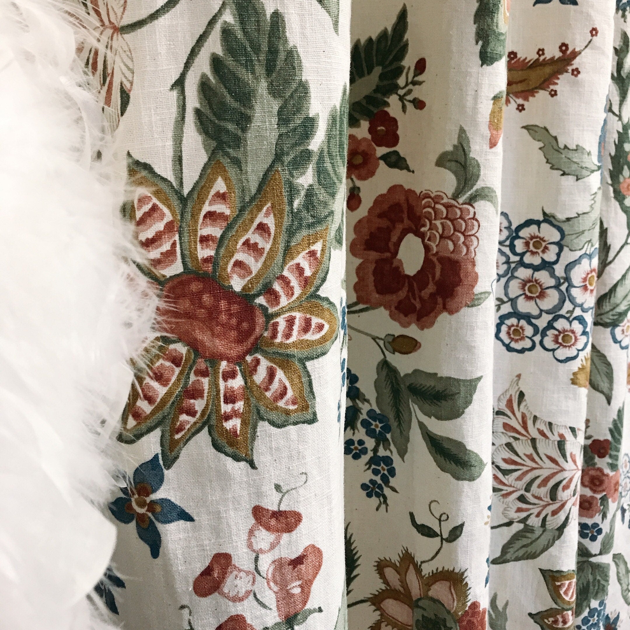 Large Peony and Butterfly Print Curtain on Ivory