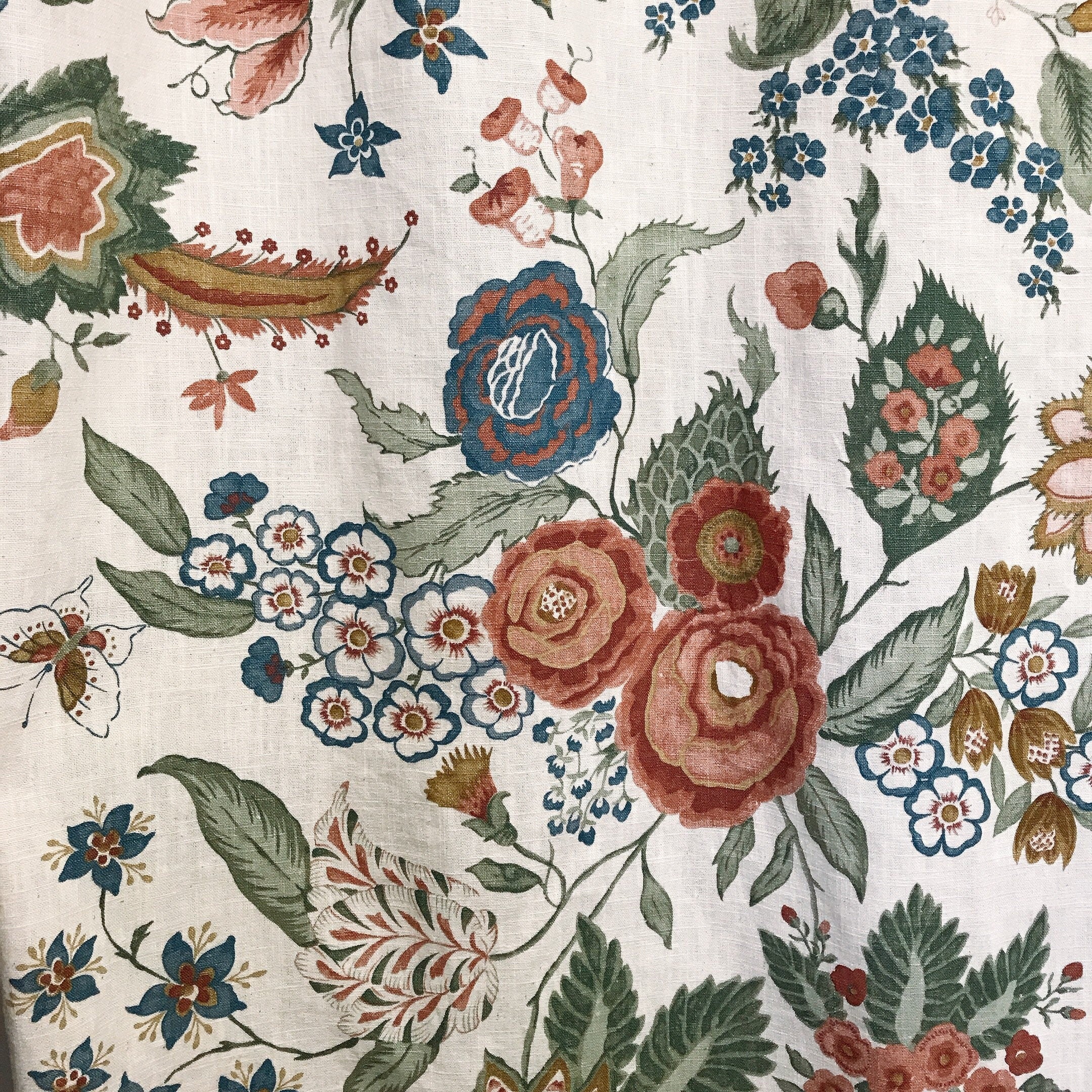 Large Peony and Butterfly Print Curtain on Ivory