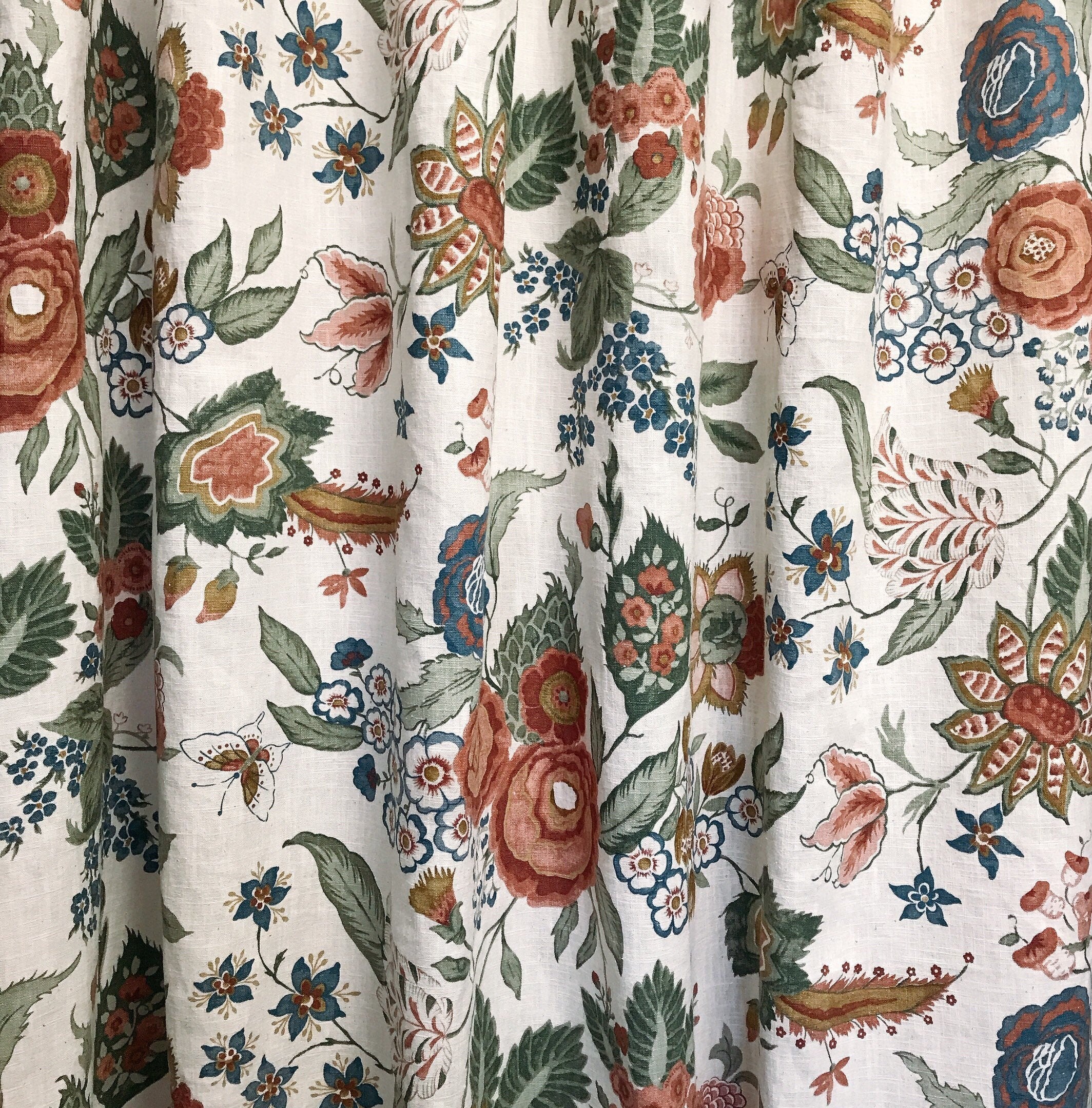 Large Peony and Butterfly Print Curtain on Ivory