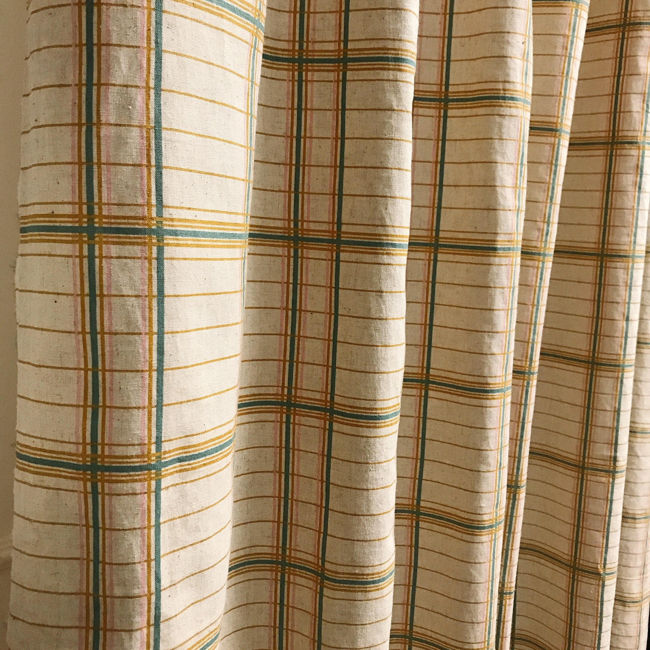 Mustard Teal and Baby Pink Plaid Curtain on Natural Beige
