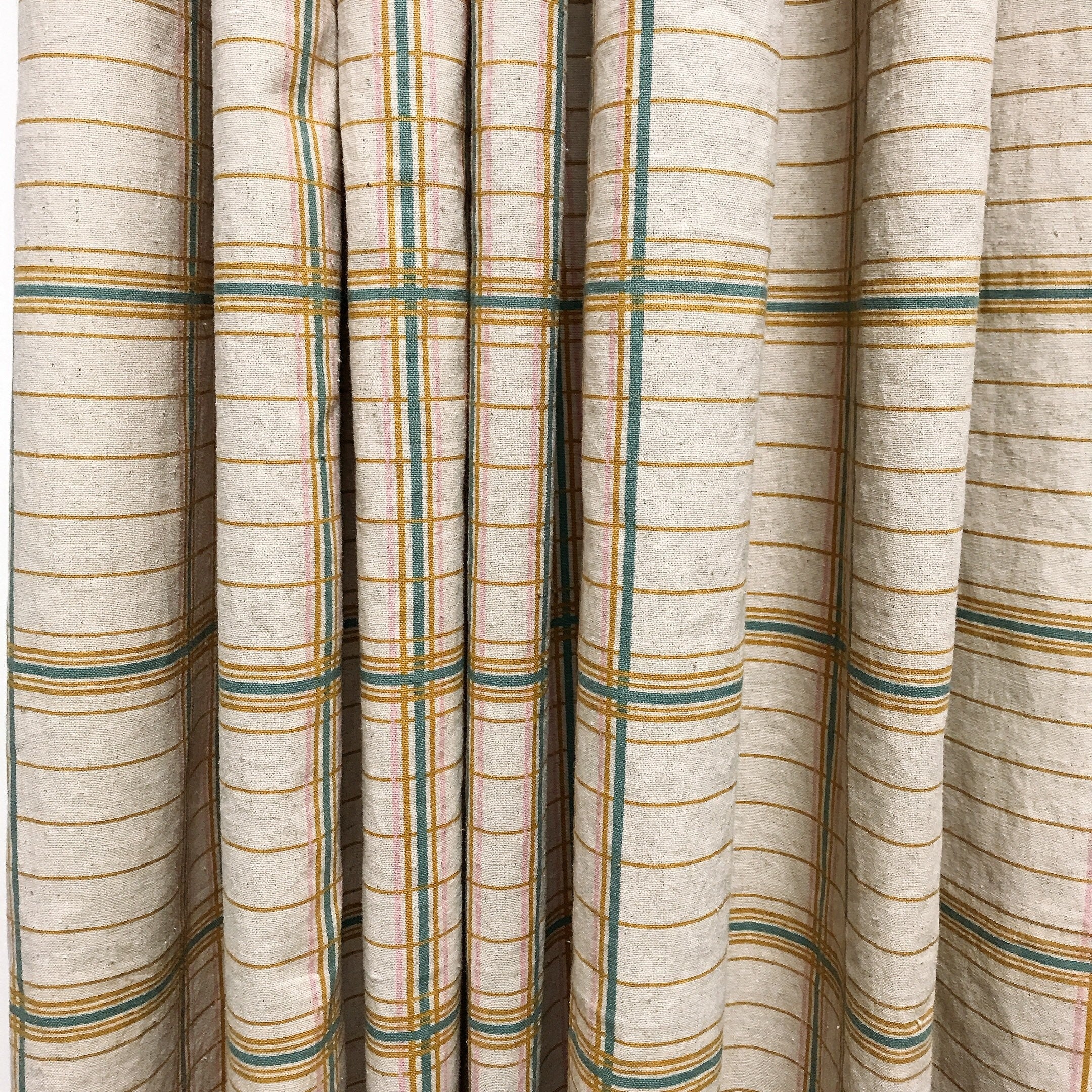 Mustard Teal and Baby Pink Plaid Curtain on Natural Beige